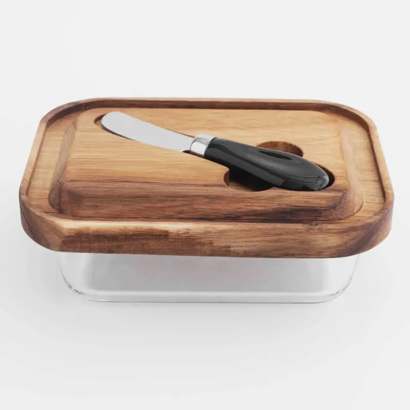 Butter dish, 18 cm, with knife, wood/glass / steel, rectangular, Noble tree