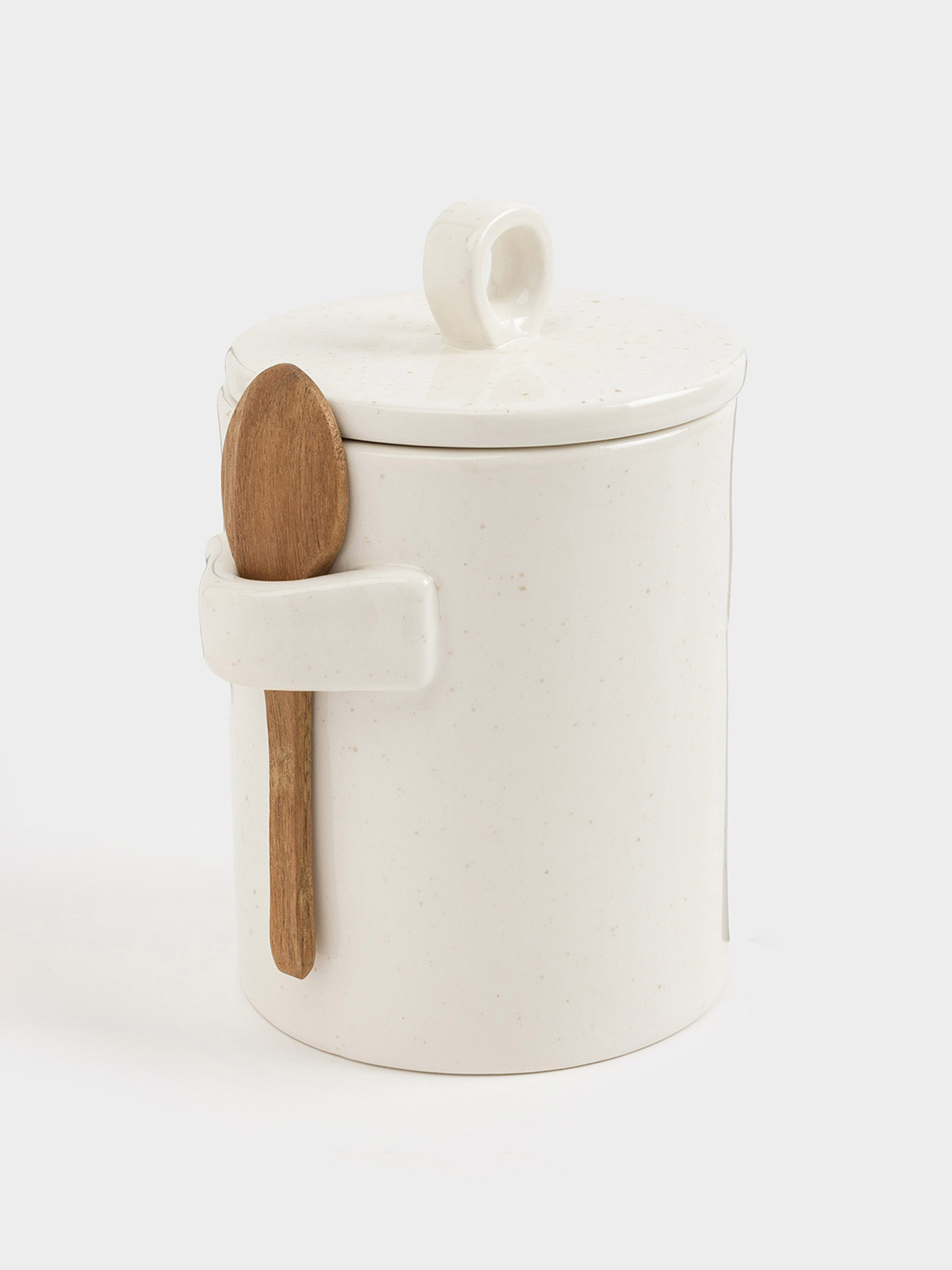 Storage container, 16 cm, 750 ml, with spoon, ceramic / wood, milky, speckled, Delicia, image-5