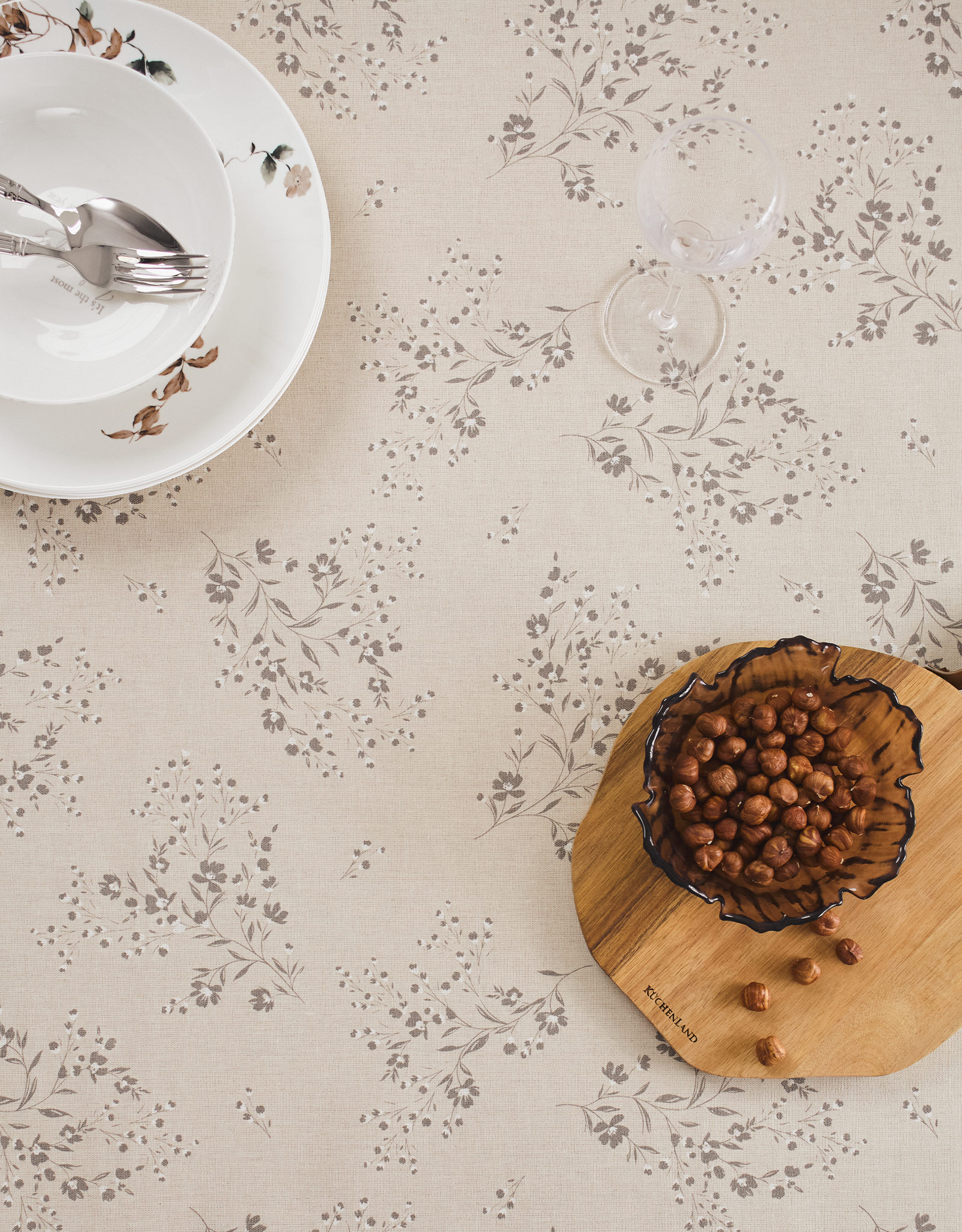 Tablecloth, 170x250 cm, PU coated, polyester / viscose / linen, beige, Branches with flowers, Branches, image-3