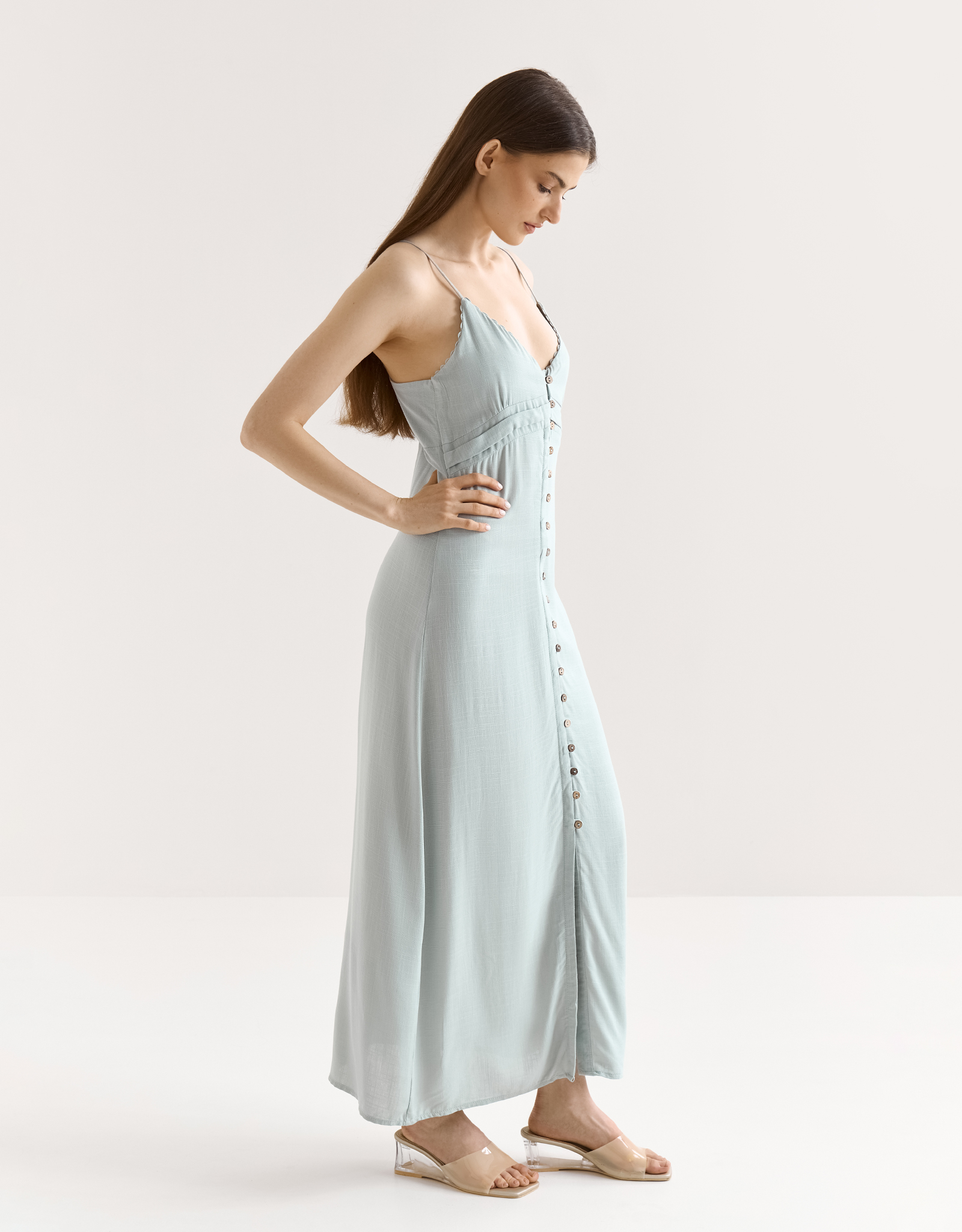 Women's dress, maxi, size L, with straps, viscose, beige, Tella, image-3