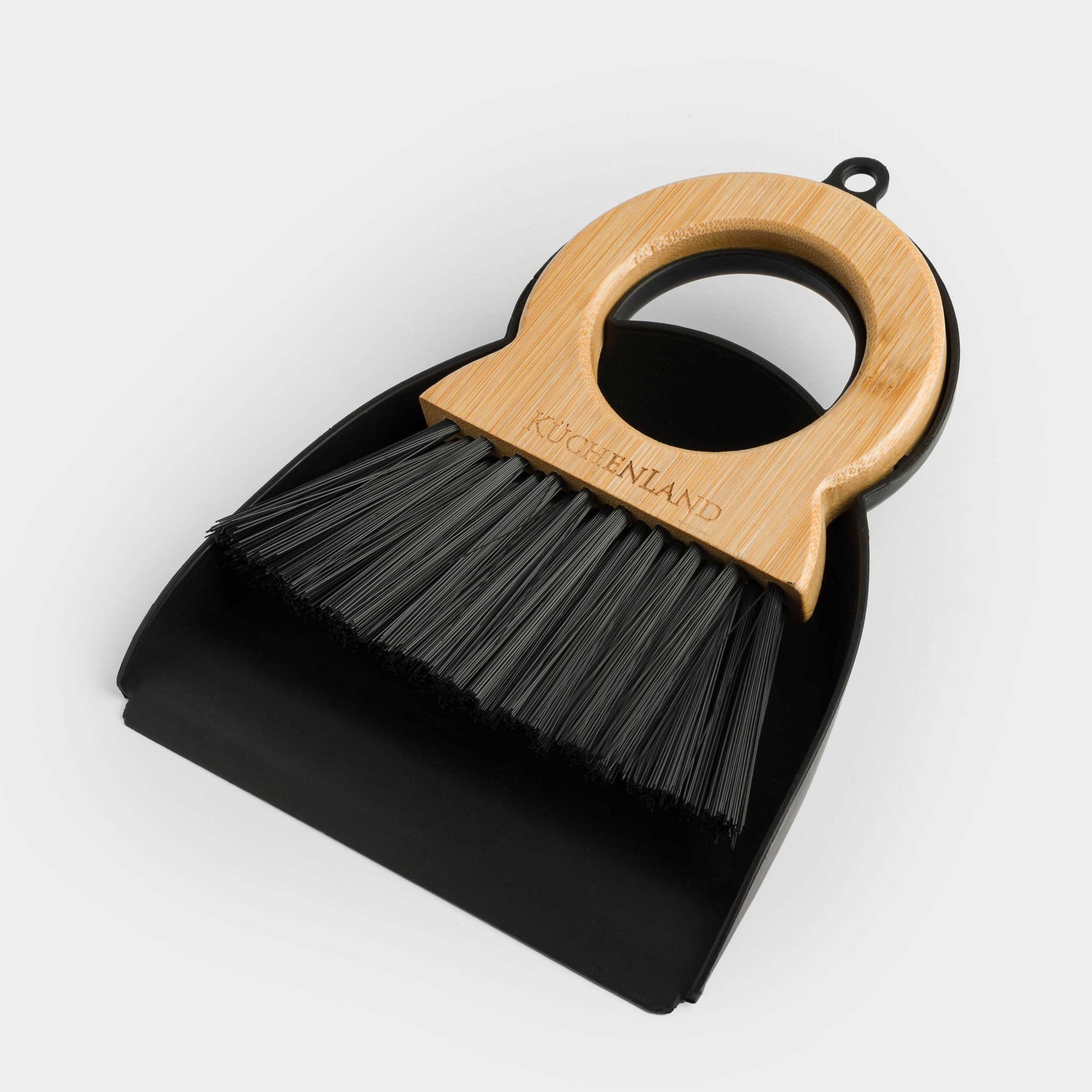 Garbage brush, with dustpan, 20 cm, bamboo / plastic, round handle, black, Black clean