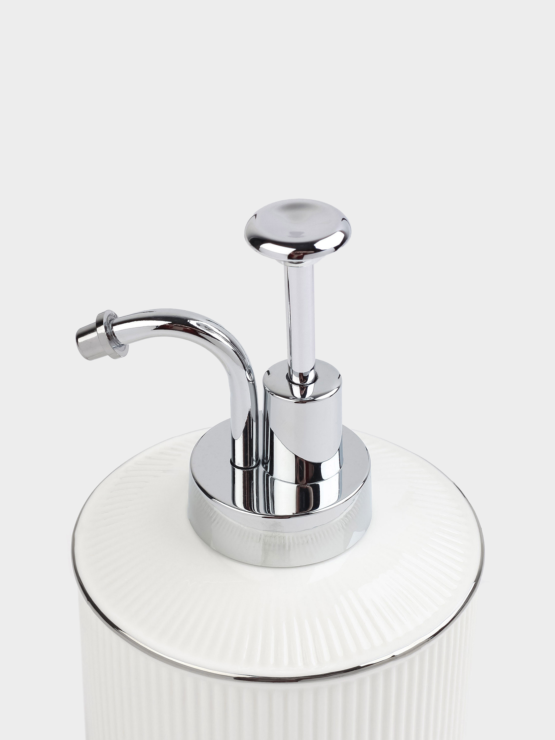 Liquid soap dispenser, 370 ml, ceramic / plastic, white, with silver edging, Kaliopa