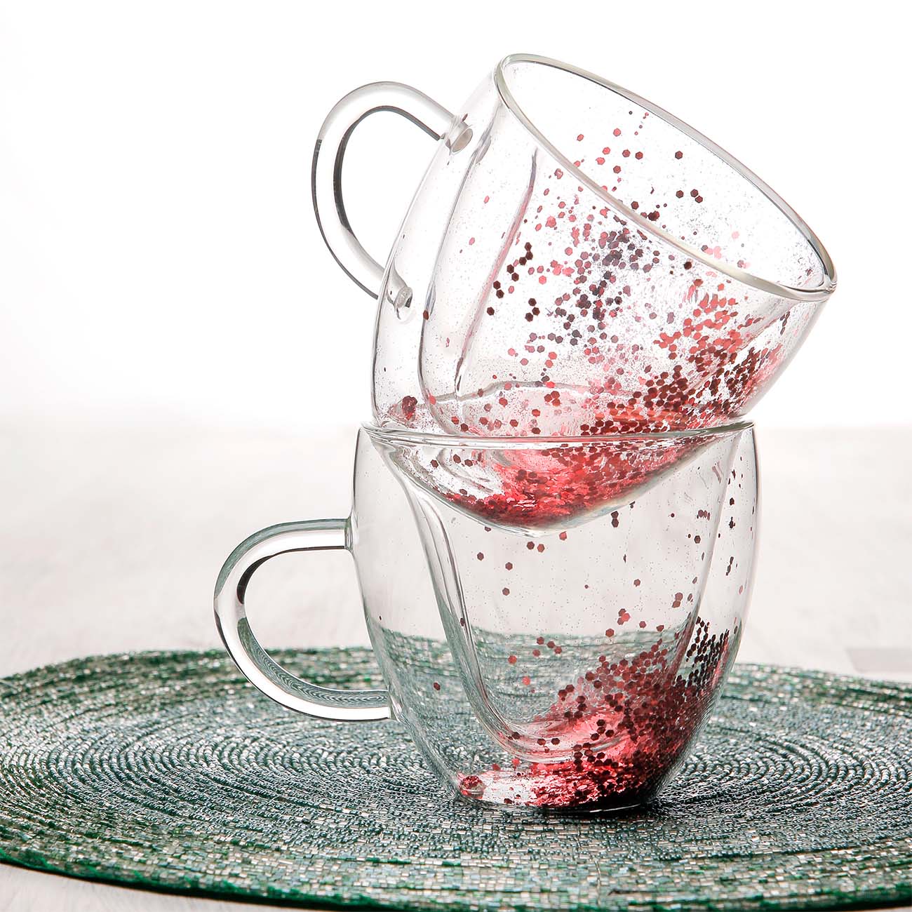Mug, 250 ml, 2 pcs, glass B, with pink sequins, Heart, Air sparkly, image-3