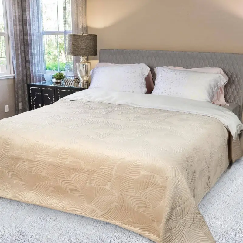 Bedspread, 240x260 cm, quilted, polyester, beige / gray, Palm leaf, Stitch velvet