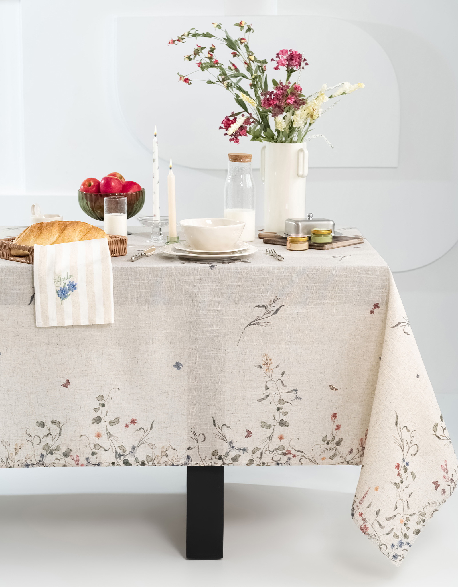 Tablecloth, 170x250 cm, polyester / linen, milky, Flowers and butterflies, Tiny flower, image-2