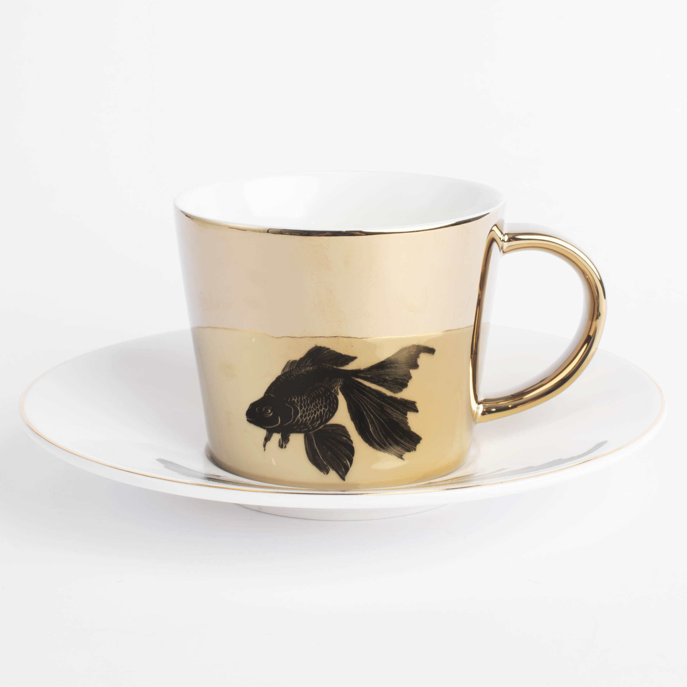 Tea pair, 1 pers, 2 items, 230 ml, porcelain P, white and golden, Fish, Goldfish, image-1
