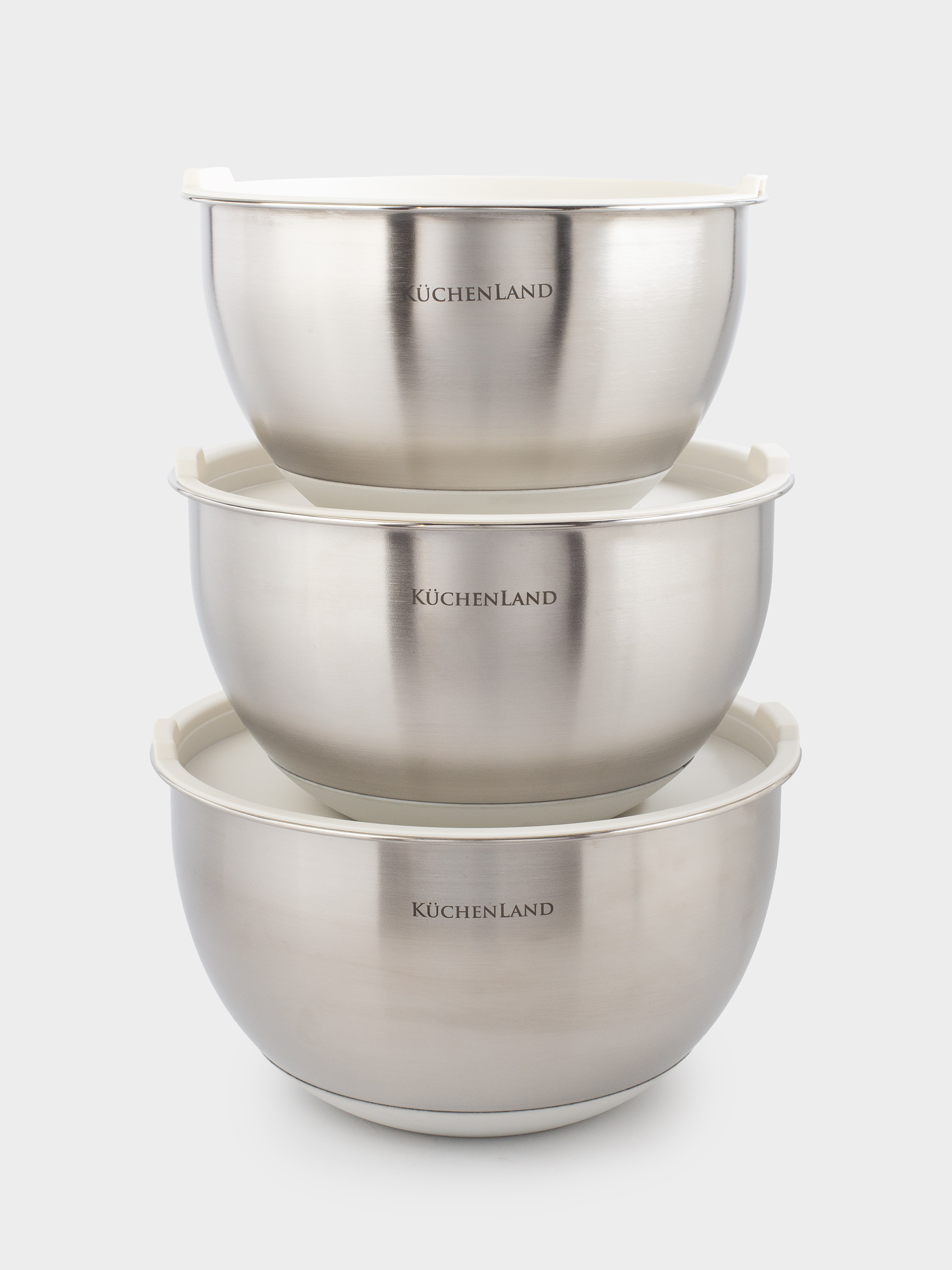 A bowl, 2,5/3/4,5 l, 3 pcs, with lid, anti-slip bottom, steel / plastic, beige, Terra , image-0