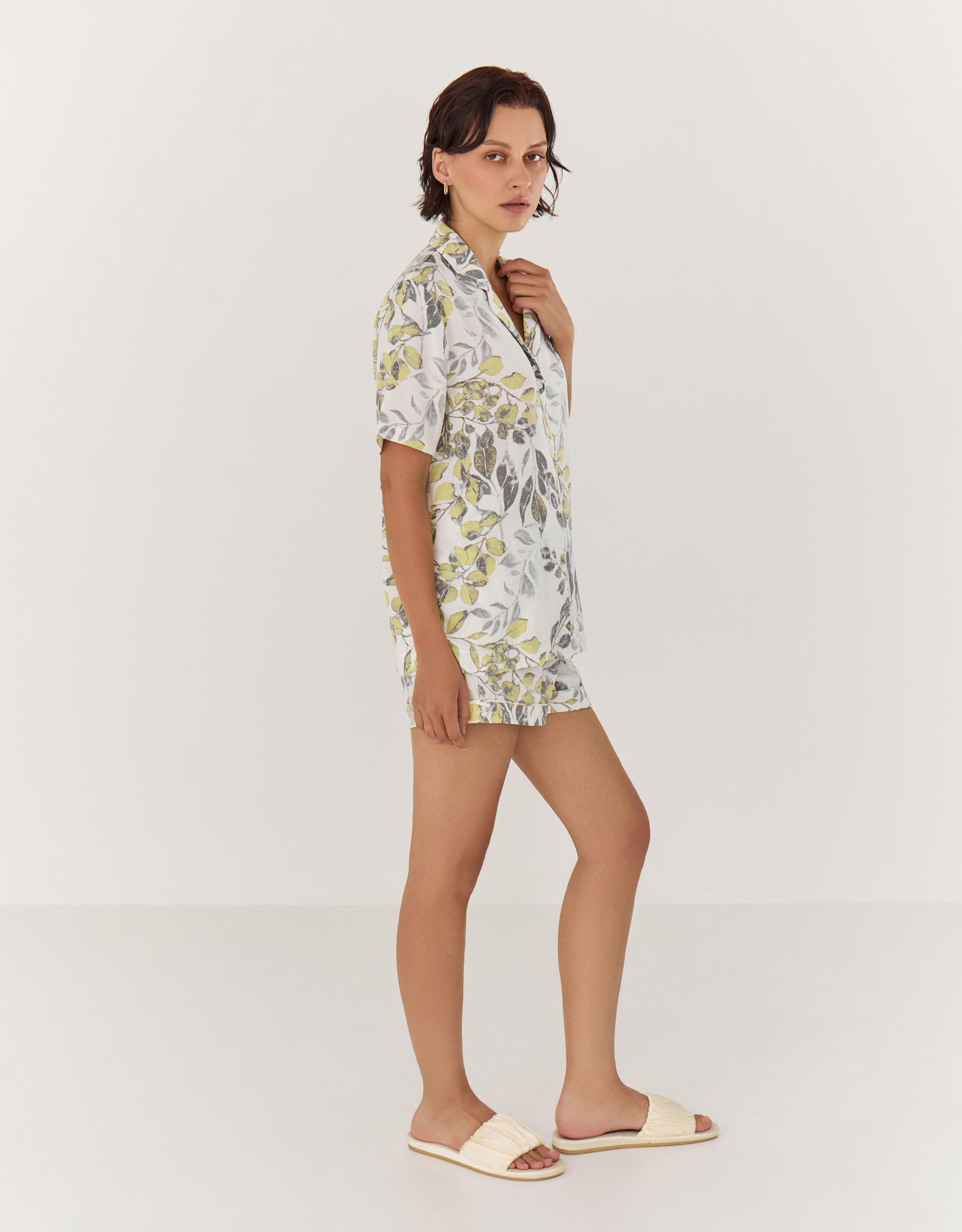 Women's shirt, homewear, size M, with short sleeves, viscose, white and yellow, Leaves, Leksi, image-4
