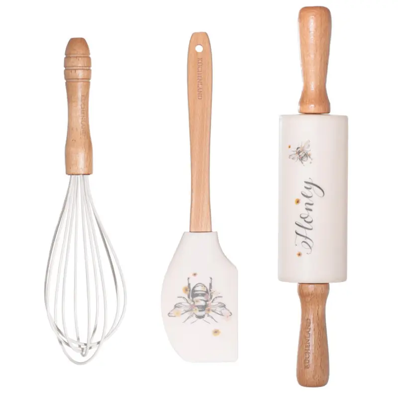 Baking set, 3 items, spatula /whisk/Rolling pin, silicone / wood, beige, Bumblebee, Honey