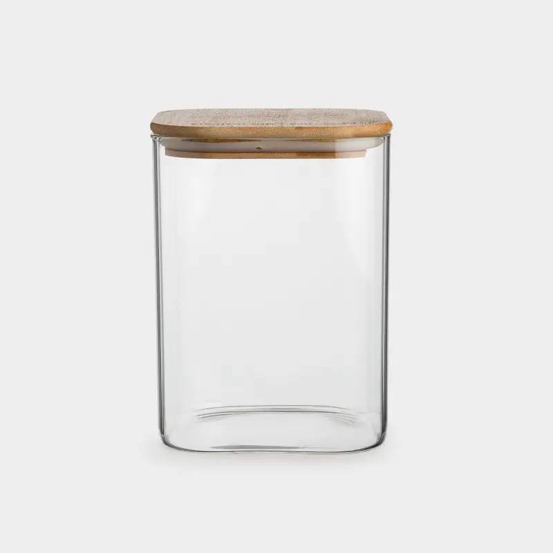 Jar for bulk products, 850 ml, glass / bamboo, square, Home made ,image-0