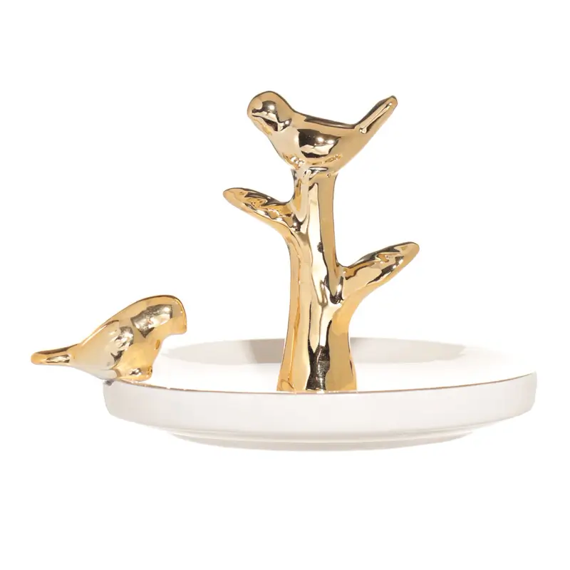 Jewelry holder, 13 cm, ceramic, white and gold, Birds on a branch, Paradise garden ,image-0