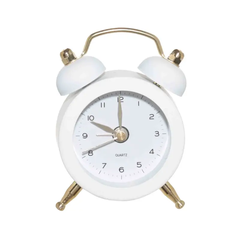 Alarm clock, 8 cm, on legs, metal / glass, round, white and gold, Retro, Dial