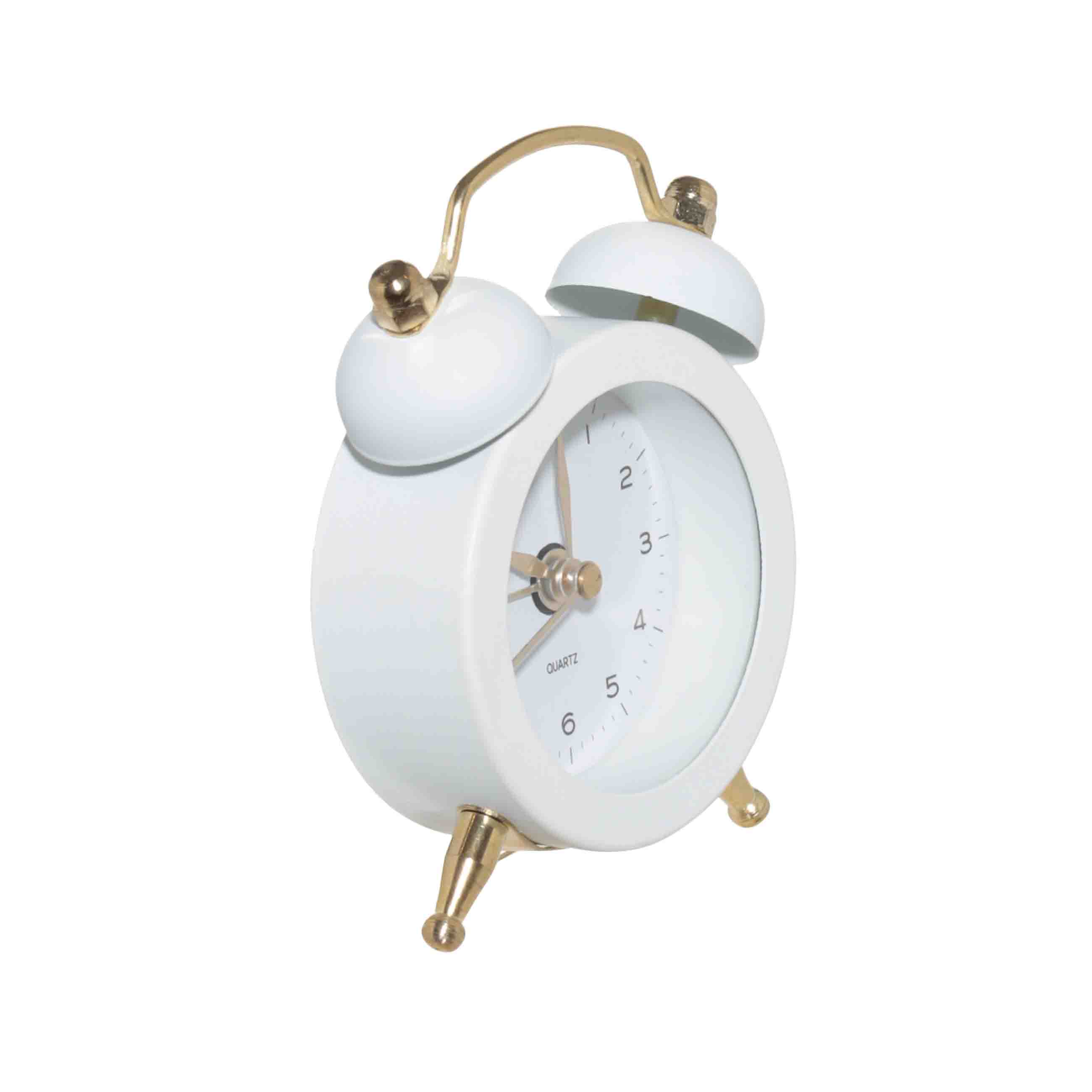 Alarm clock, 8 cm, on legs, metal / glass, round, white and gold, Retro, Dial