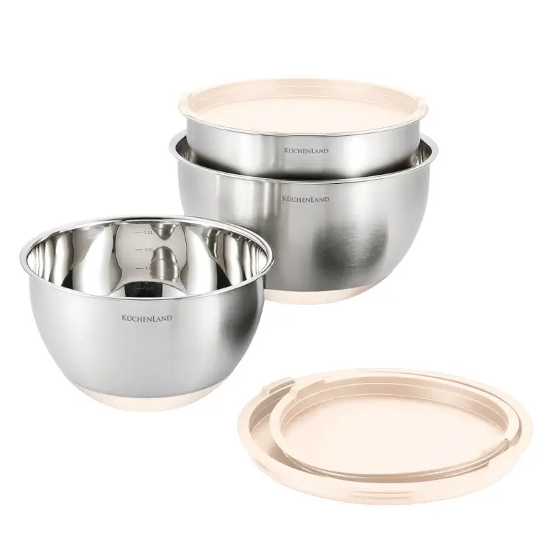 A bowl, 2,5/3/4,5 l, 3 pcs, with lid, anti-slip bottom, steel / plastic, beige, Terra 