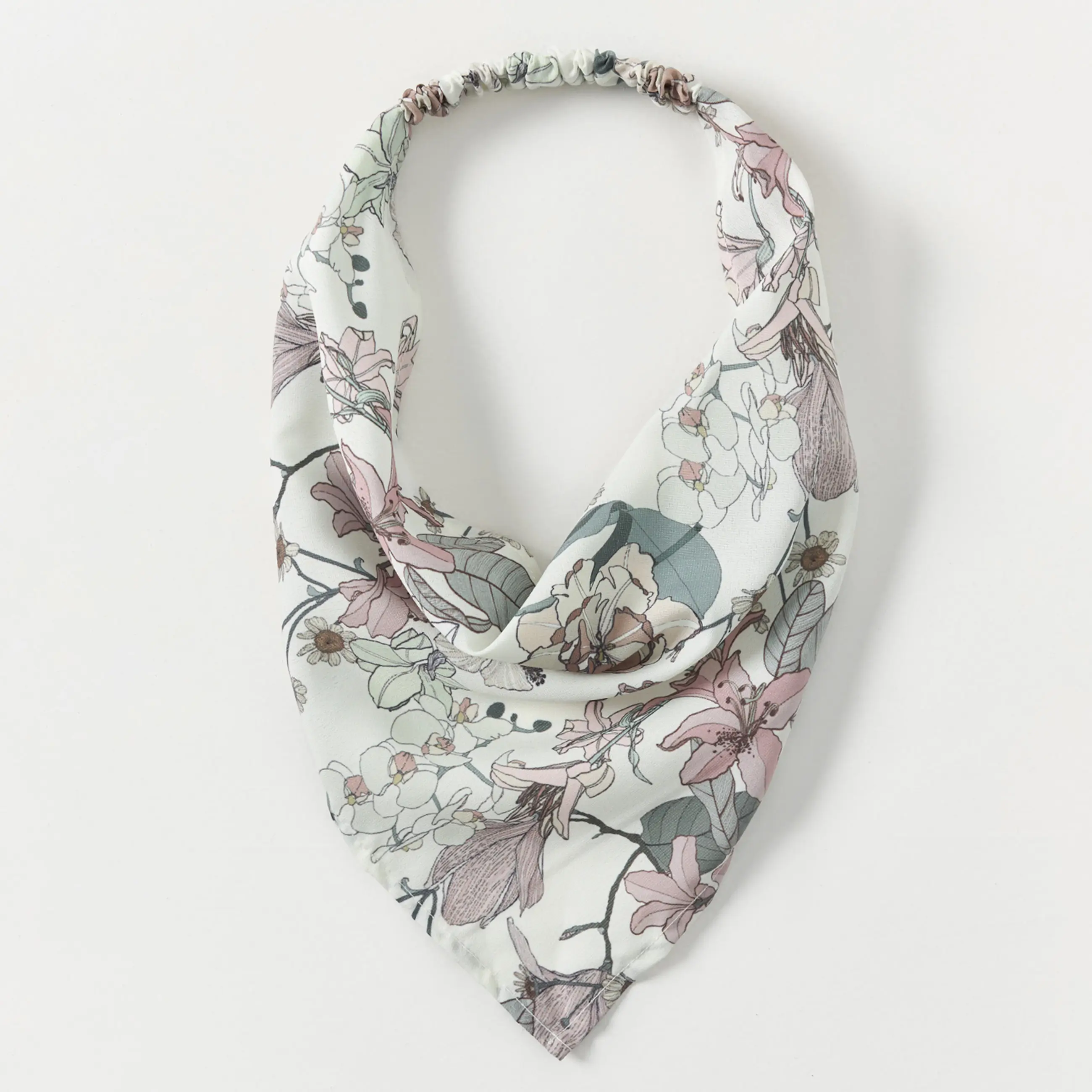 Bandana, 30 cm, elastic band, polyester, white, Flowers and leaves, Kerchief