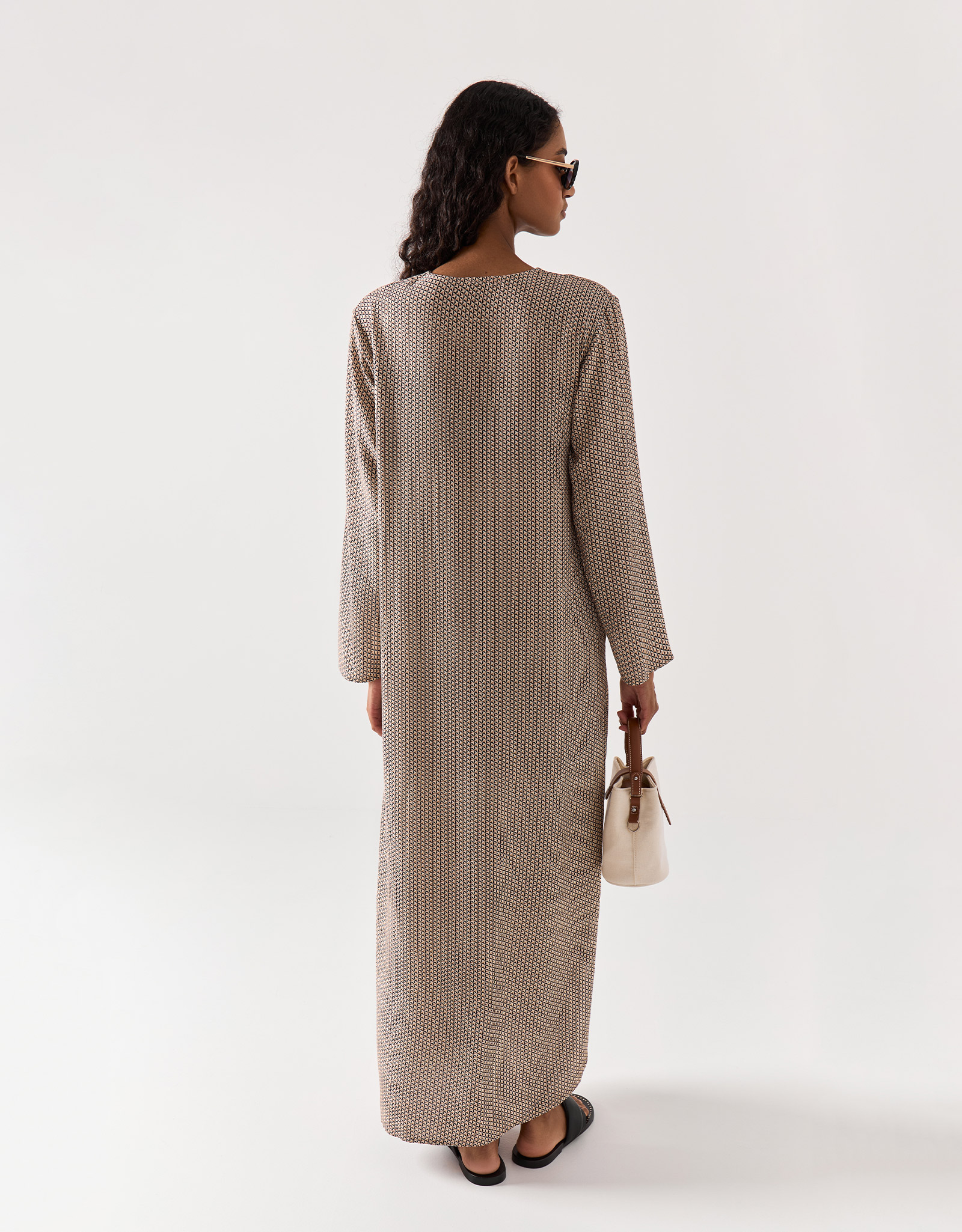 Women's dress, maxi, size L, with long sleeves, viscose, beige, Geometric Pattern, Emri, image-6
