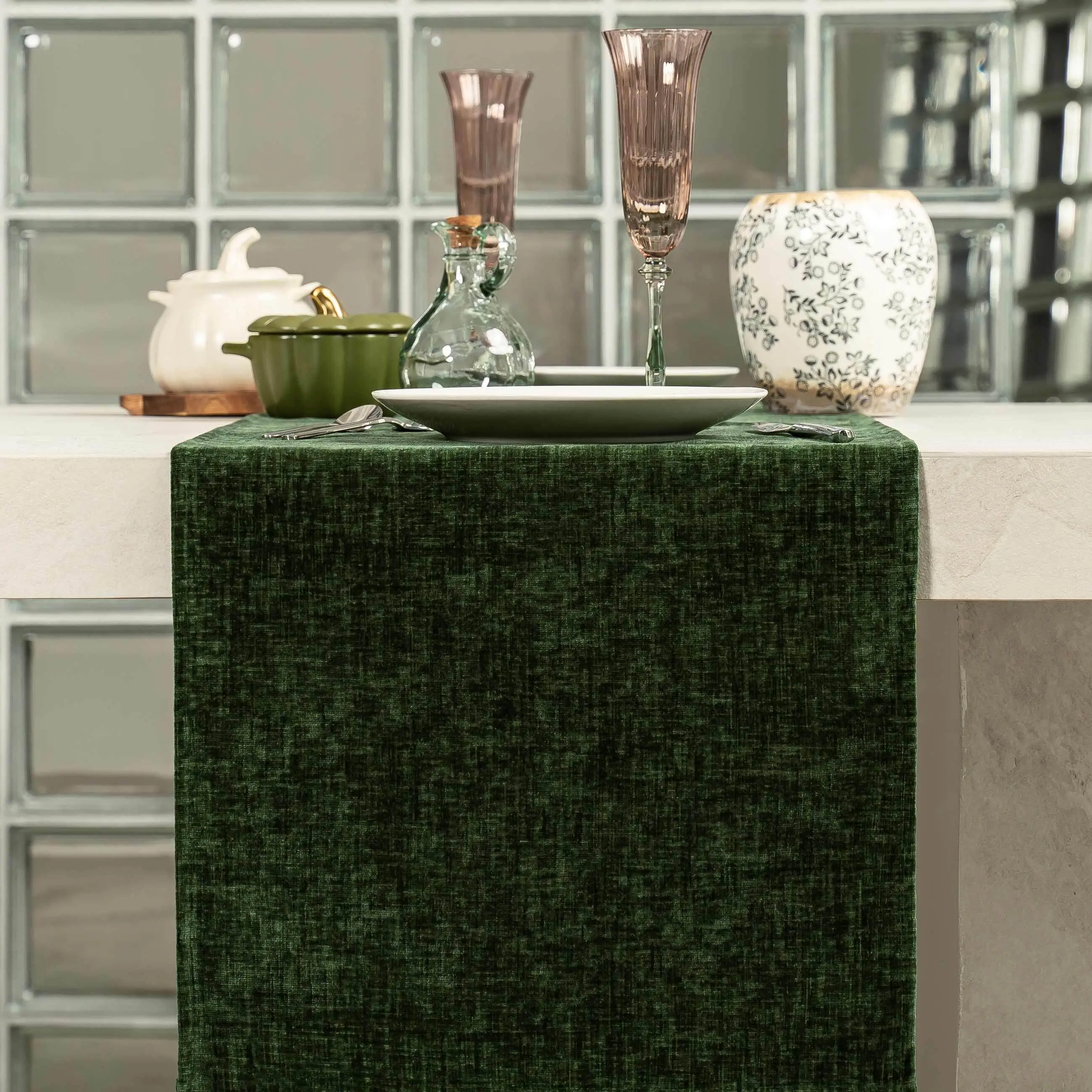 Table runner, 40x160 cm, velvet, green, Grand garden