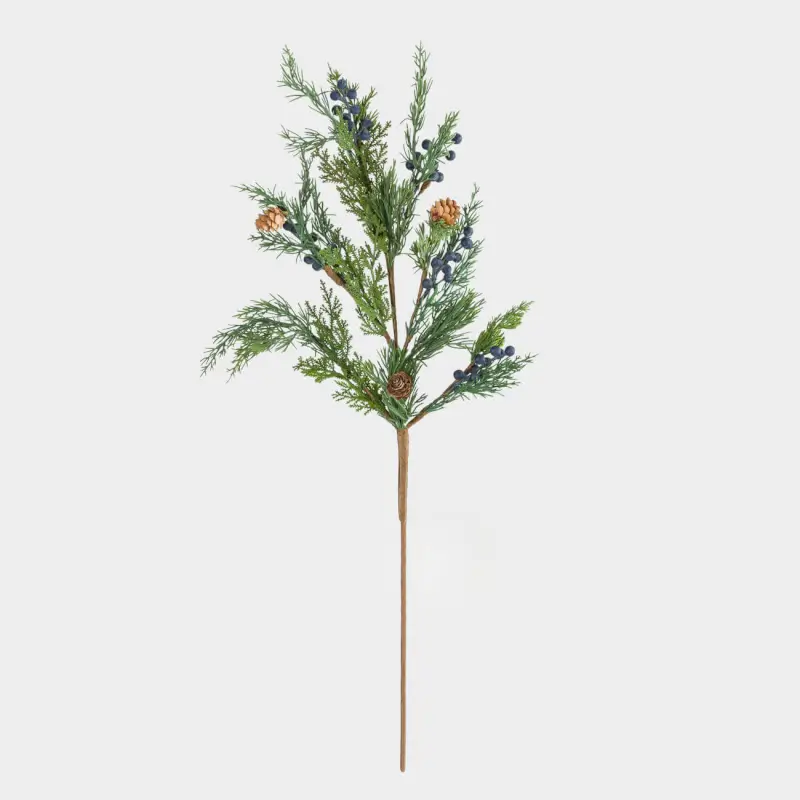 Decorative branch, 84 cm, polyethylene / foam, Needles with blue berries and cones, Blue berry