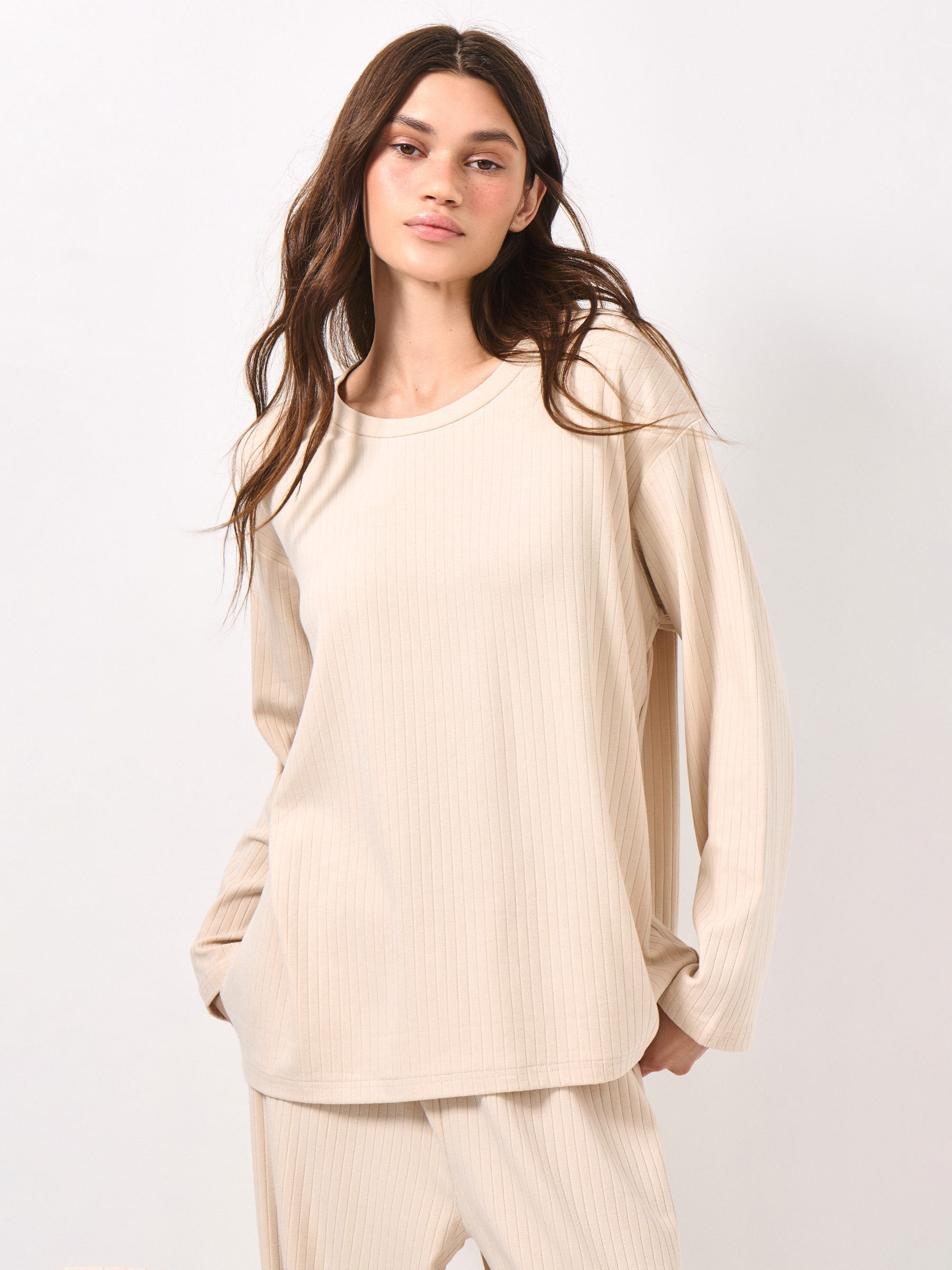 Women's long sleeve, homewear, size S, viscose/spandex, sand, Camaria, image-0