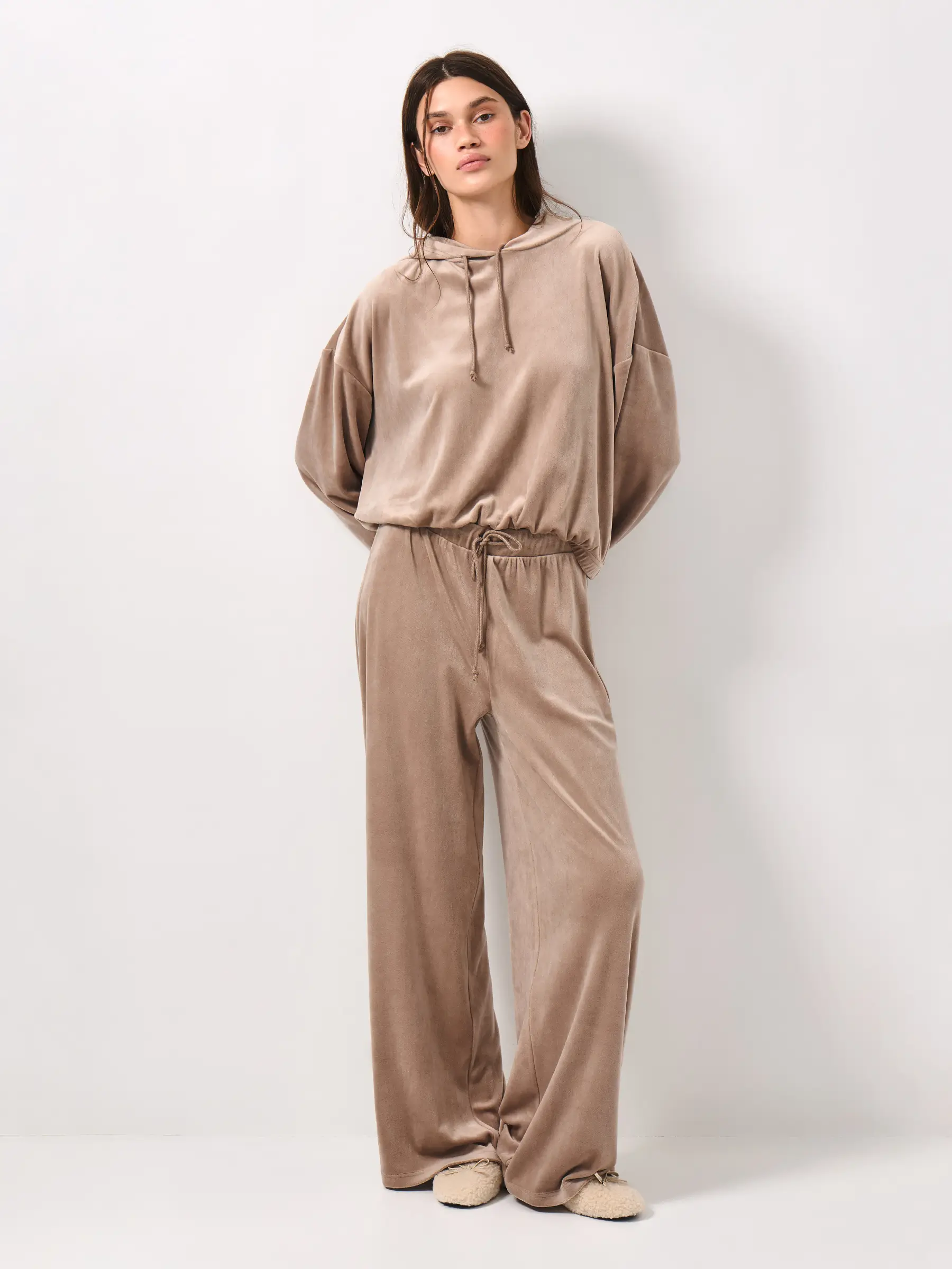 Women's trousers, homewear, size L, wide, velour, sand, Lillian