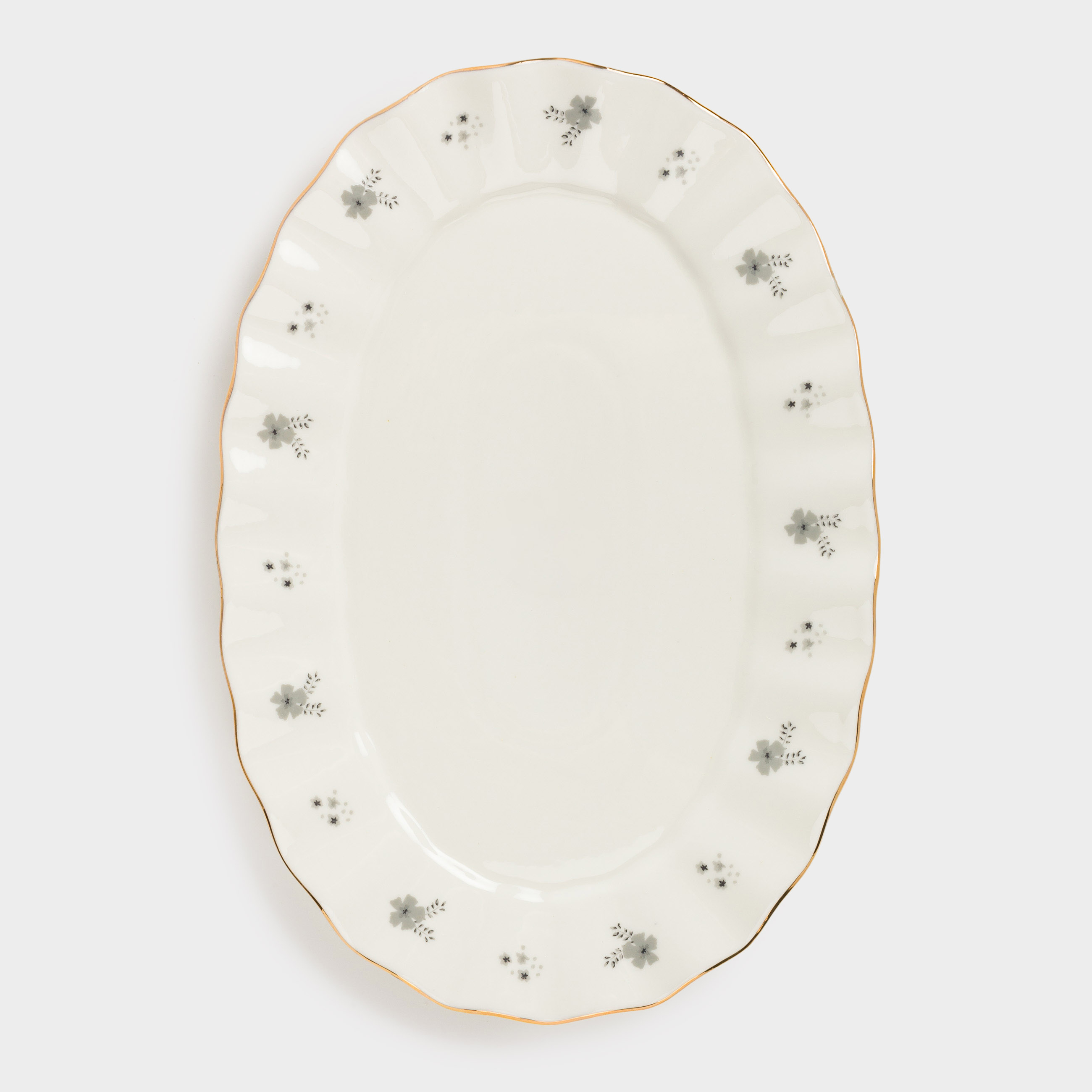 Dish, 26x18 cm, porcelain P, oval, milkyy, with golden edging, Grey flowers, Florals, image-2