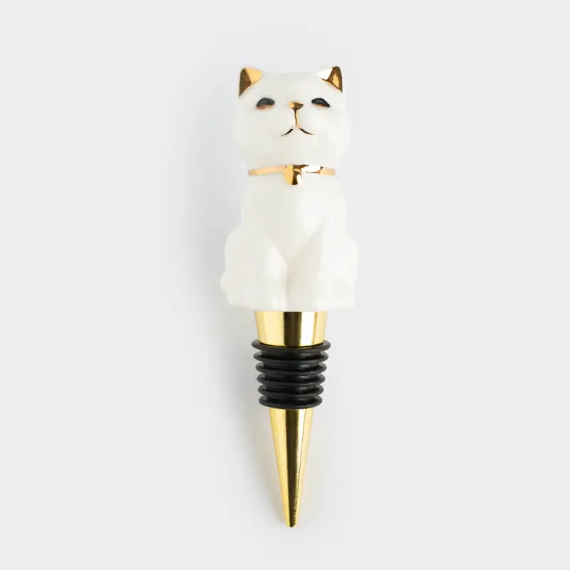 Wine bottle stopper, 13 cm, steel / porcelain P, white and gold, Cat, Cat