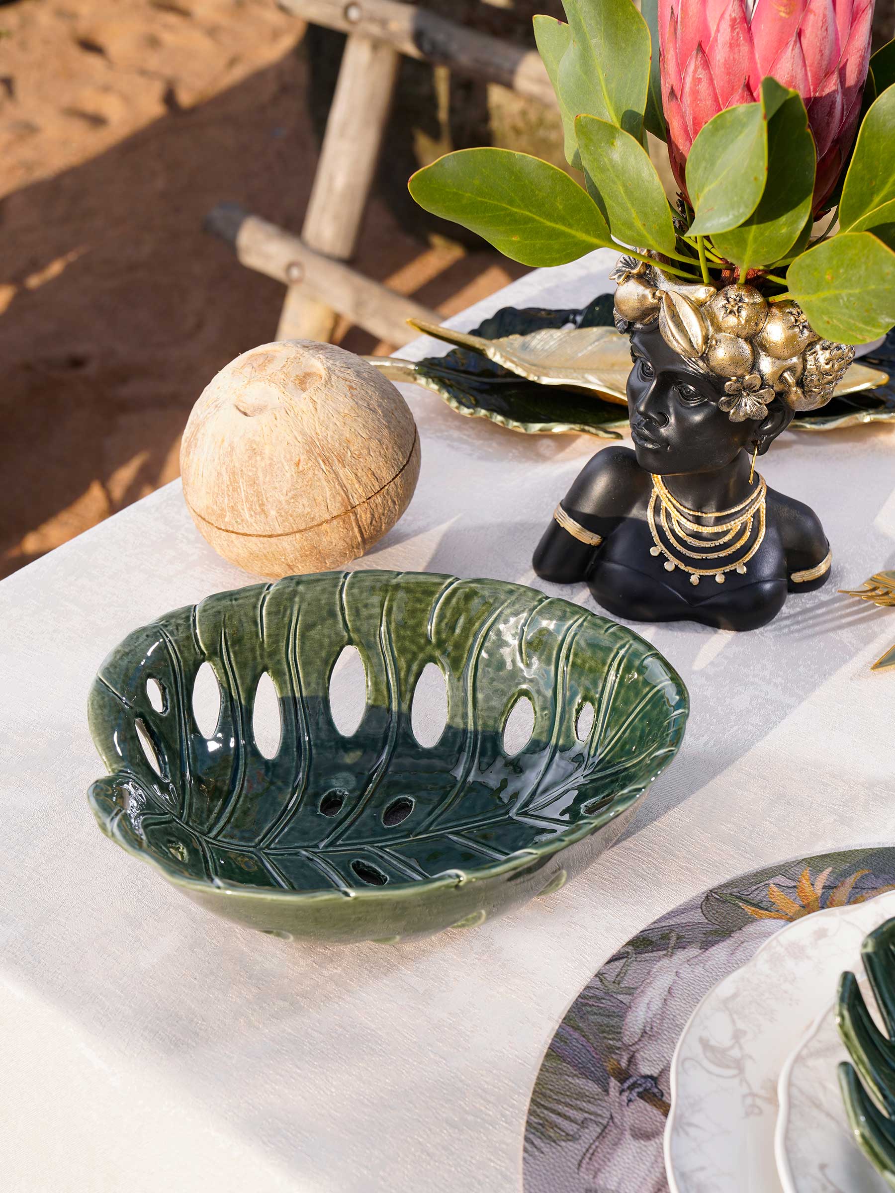 Fruit bowl, 24x18 cm, ceramic, green, Monstera leaf, Tropical, image-6