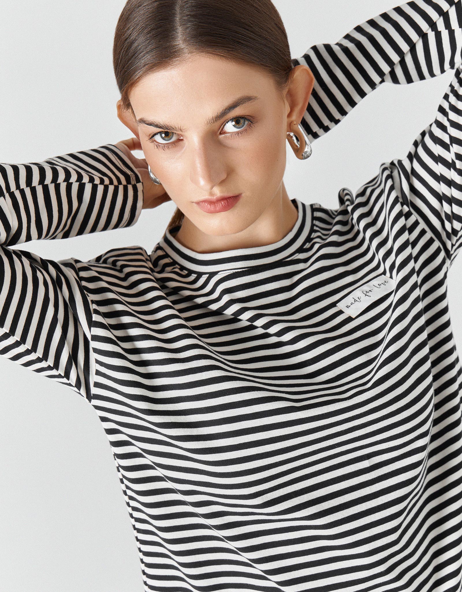 Women's longsleeve, R. S, cotton / elastane, black and white, Stripes, Ninel, image-5