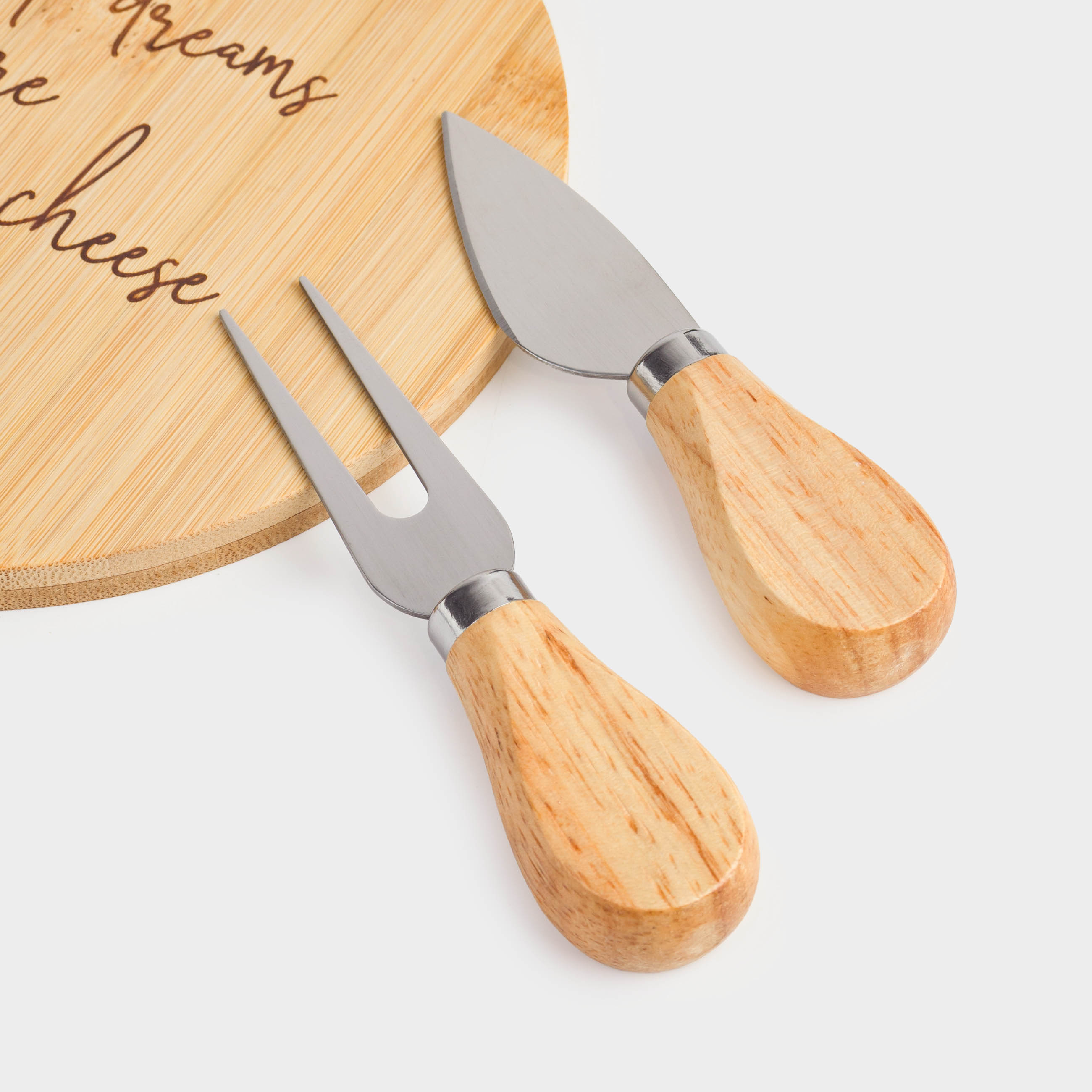 Cheese set, 3 items, dish board with handle, bamboo / steel, round, Cheese, bamboo