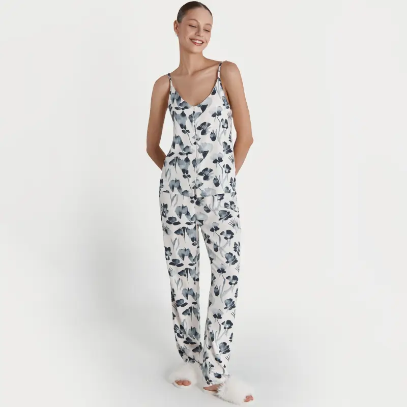 Trousers for women, home, size L, viscose, milk, Blue flowers, Telia ,image-0