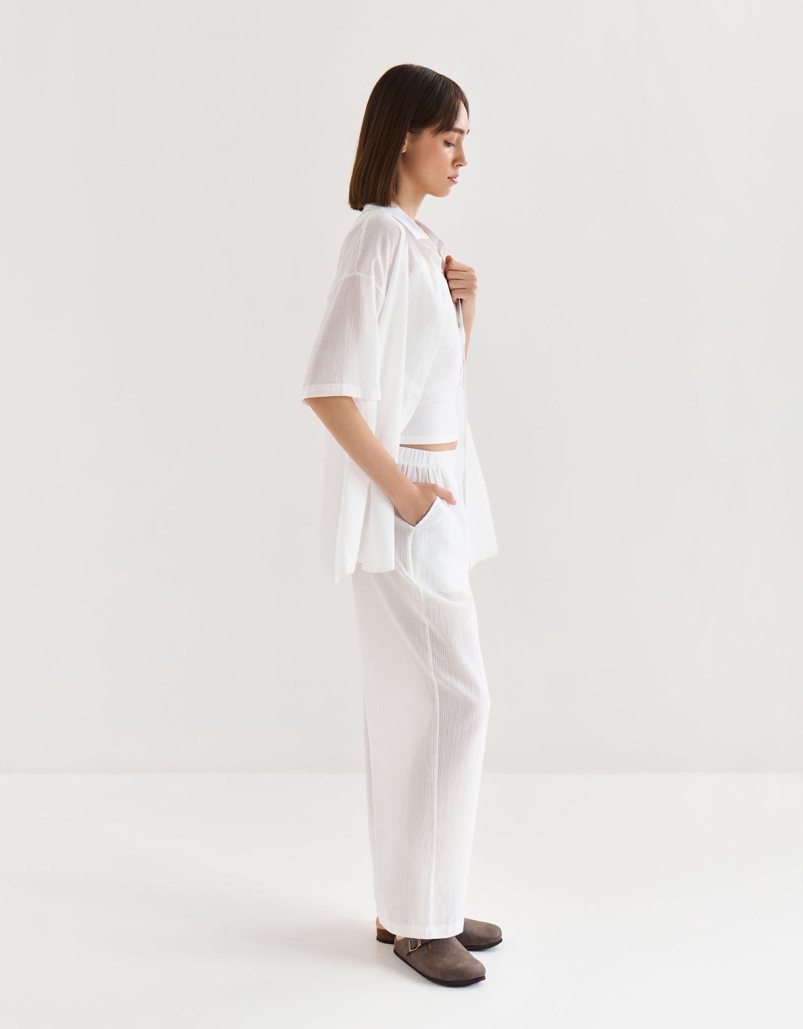 Women's trousers, homewear, size L, cotton, white, Stripes, Leticia, image-2