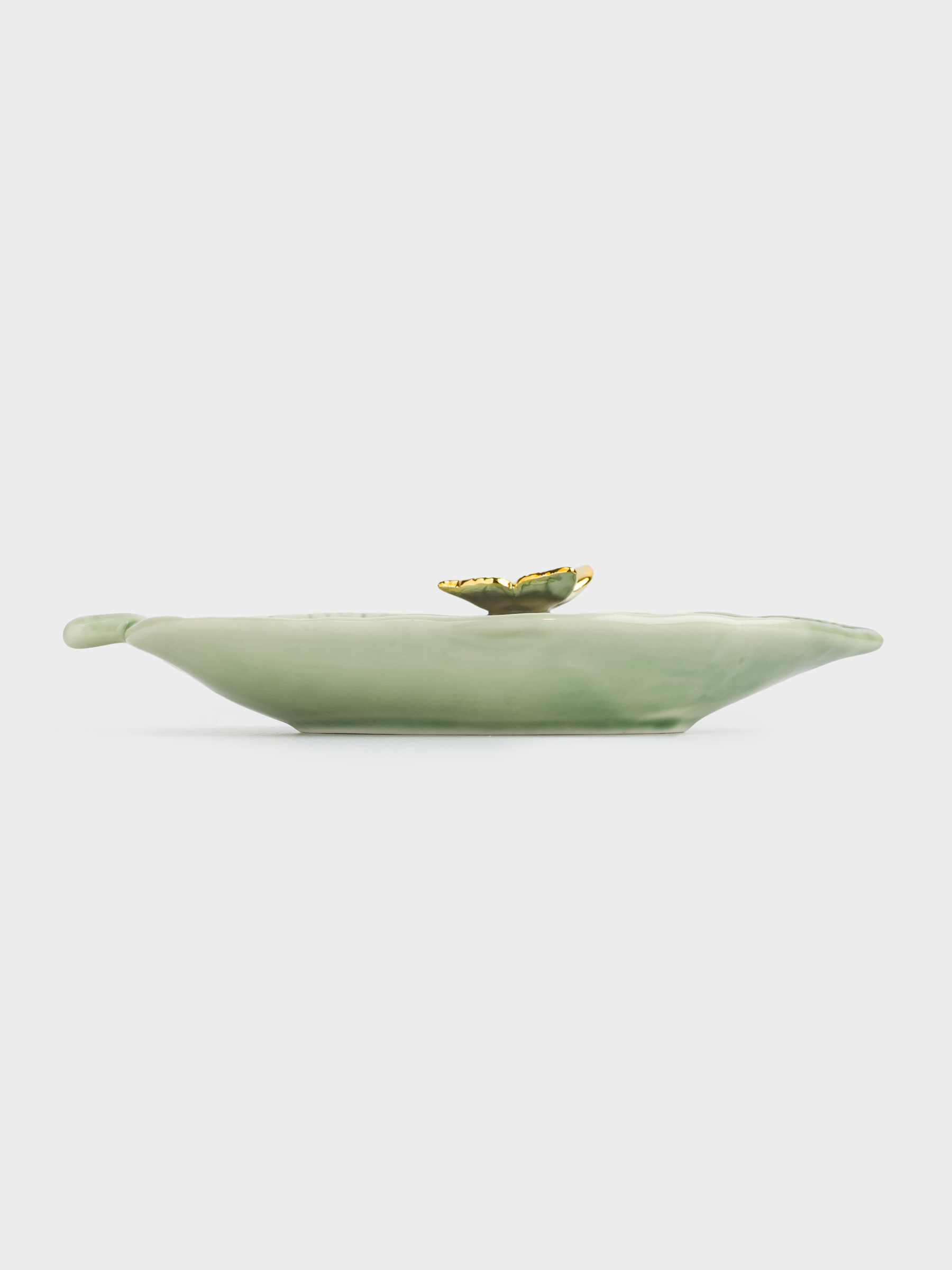 Decorative dish, 20x12 cm, porcelain P, green-gold, Leaf with butterfly, Grand garden, image-3