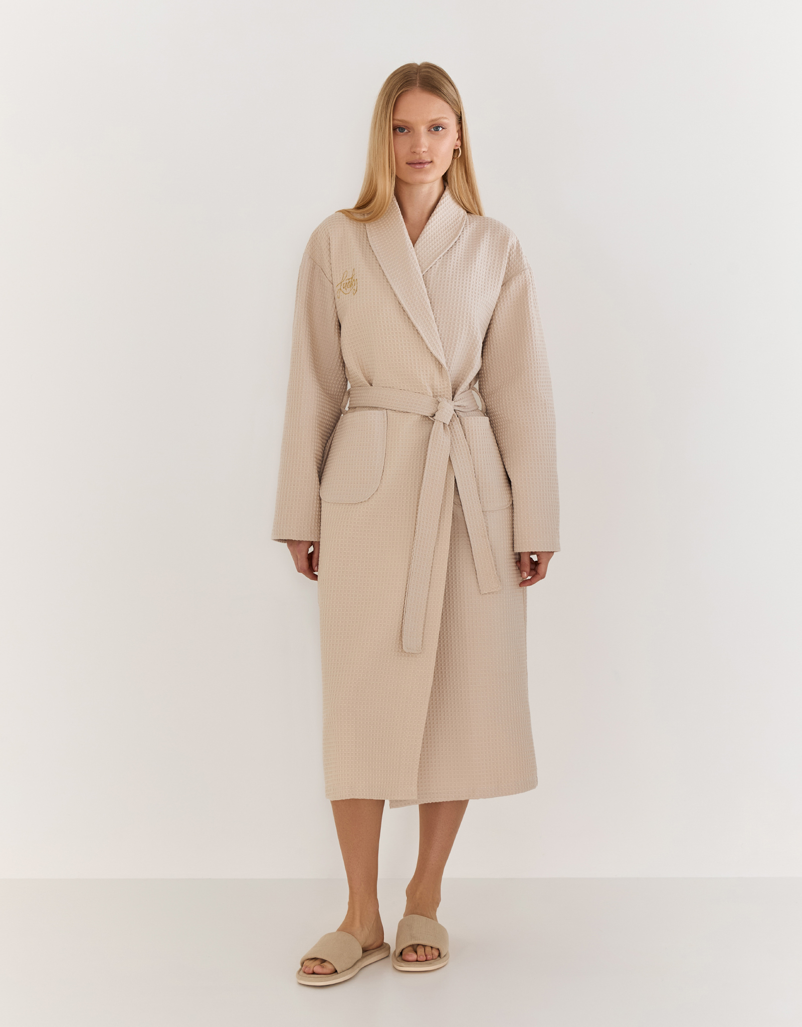 Women's robe, homewear, size L, with long sleeves, waffle, cotton, milky, Lucky, Stefani, image-0
