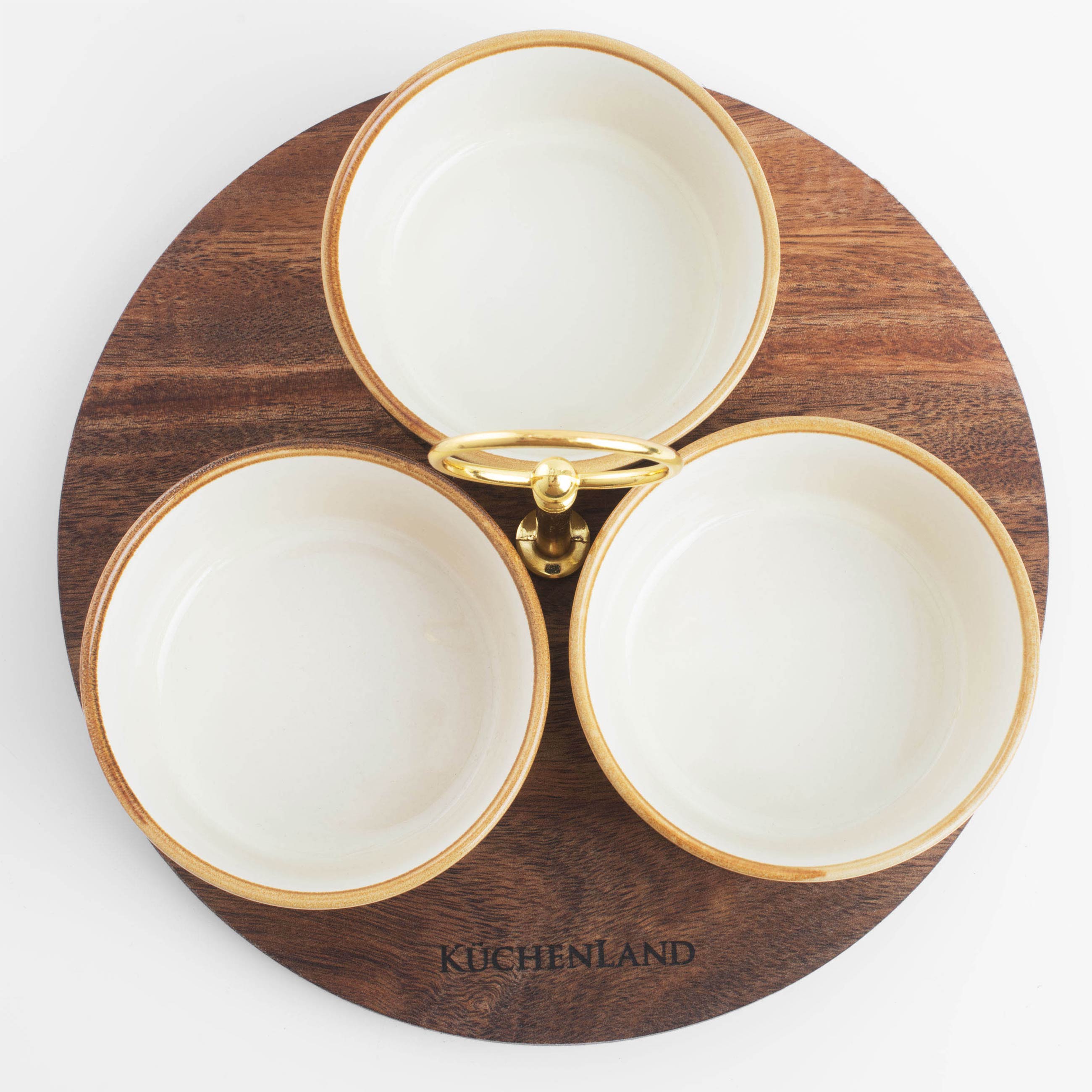 Snack set, 3 items, on a stand, with handle, ceramic / wood, milky, Noble tree 