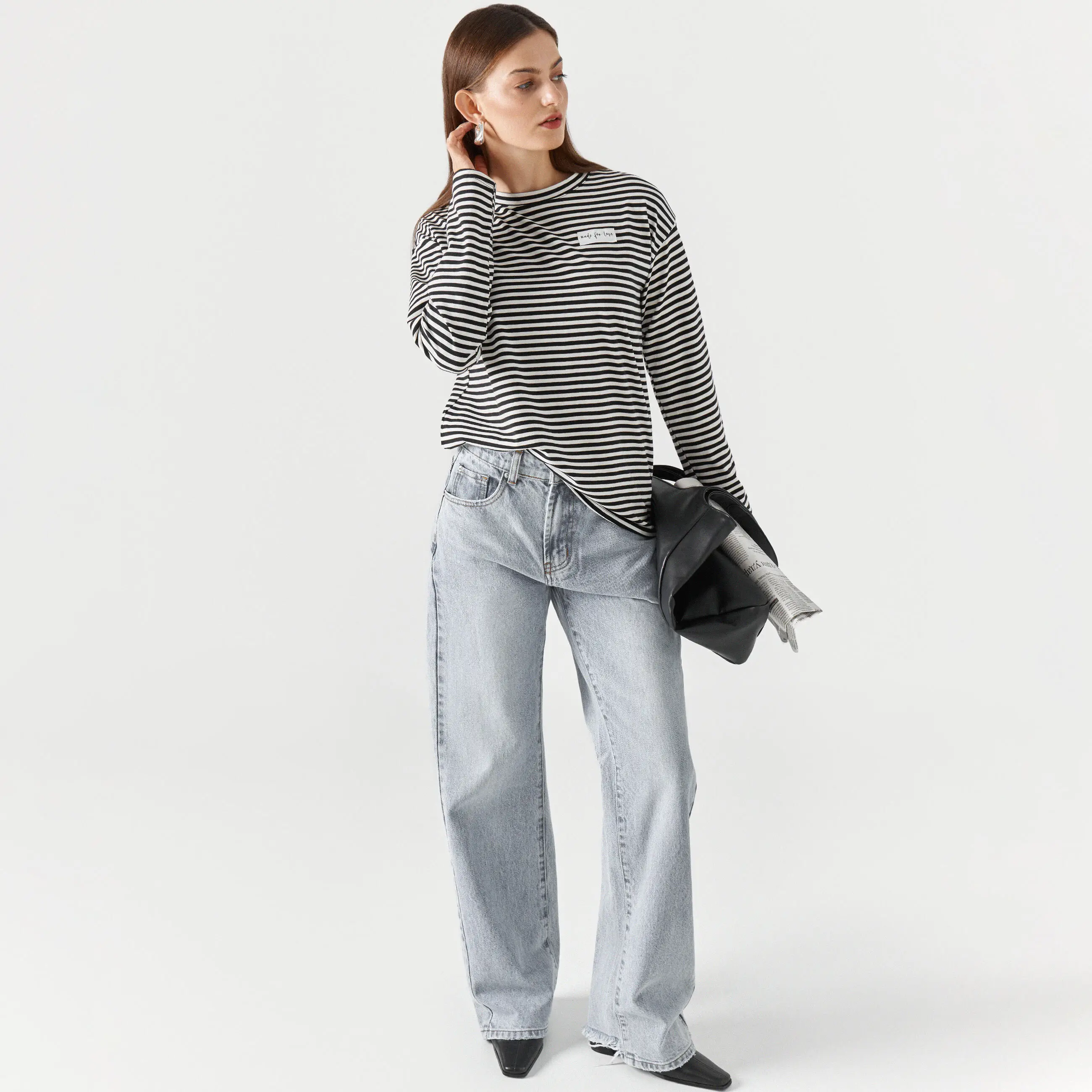 Women's longsleeve, R. L, cotton / elastane, black and white, Stripes, Ninel