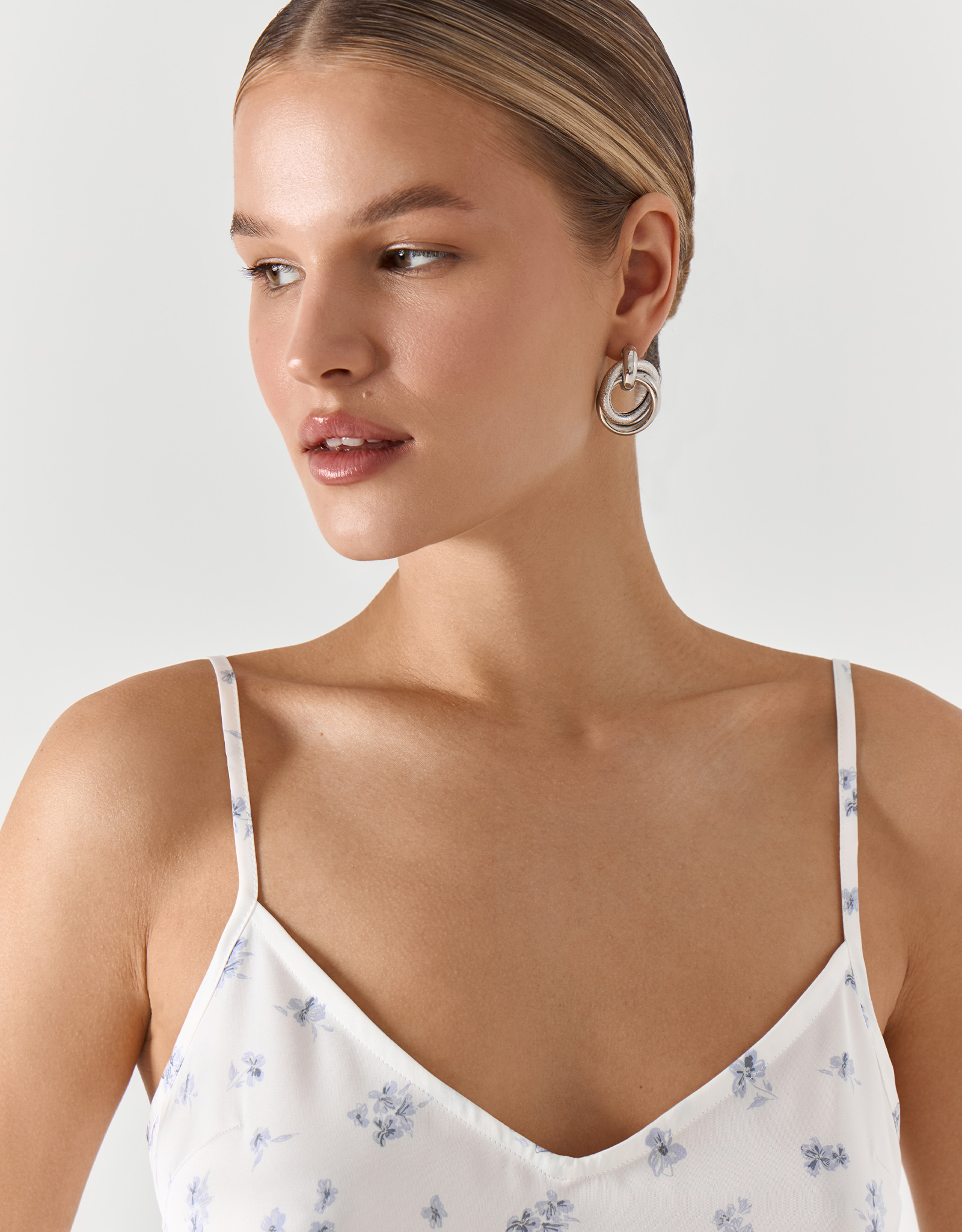 Women's top, homewear, size L, straps, polyester, blue and white, Flowers, Tesia, image-2
