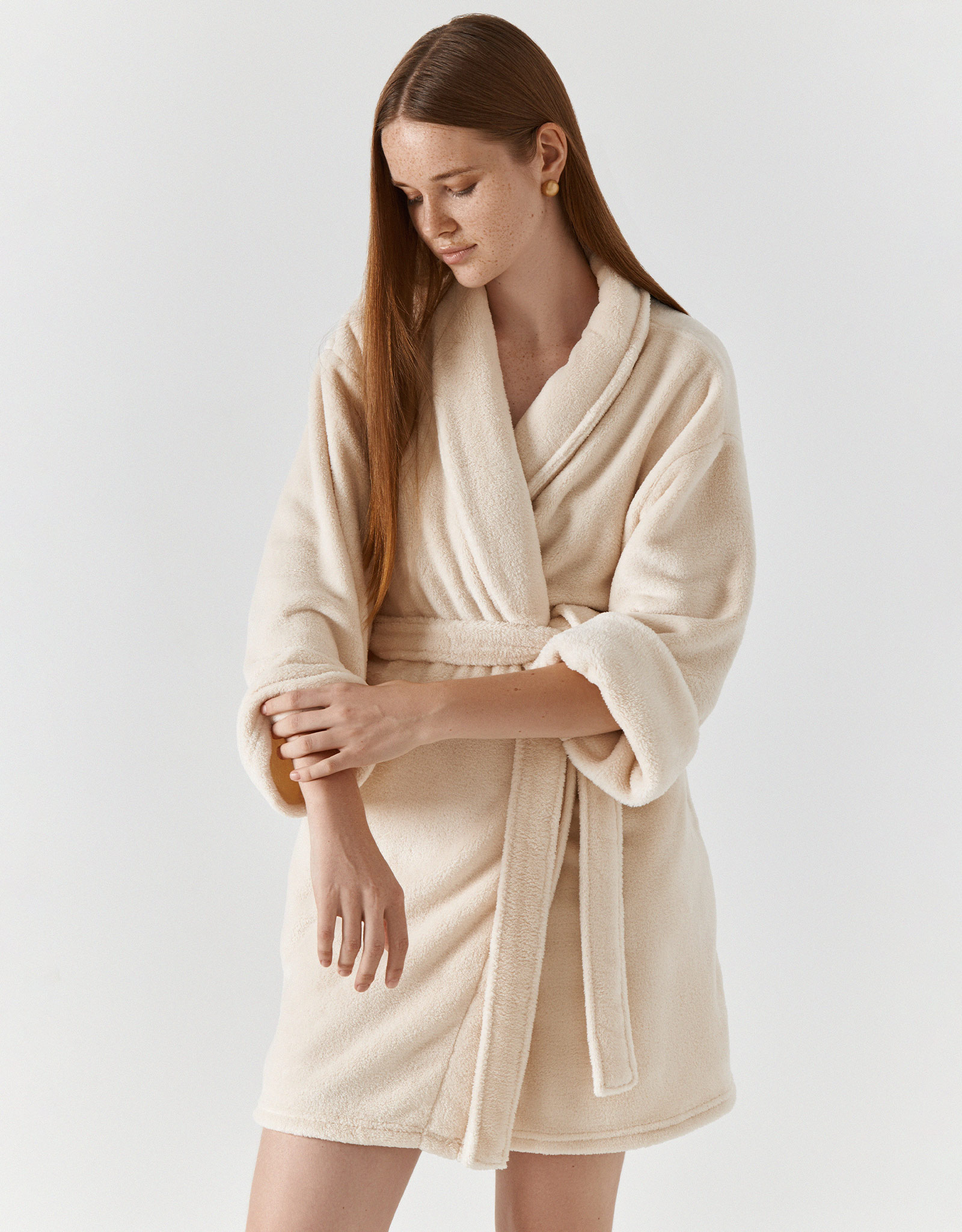 Bathrobe for women, homewear, size L / XL, with long sleeves, fleece, milk, Letisha, image-5