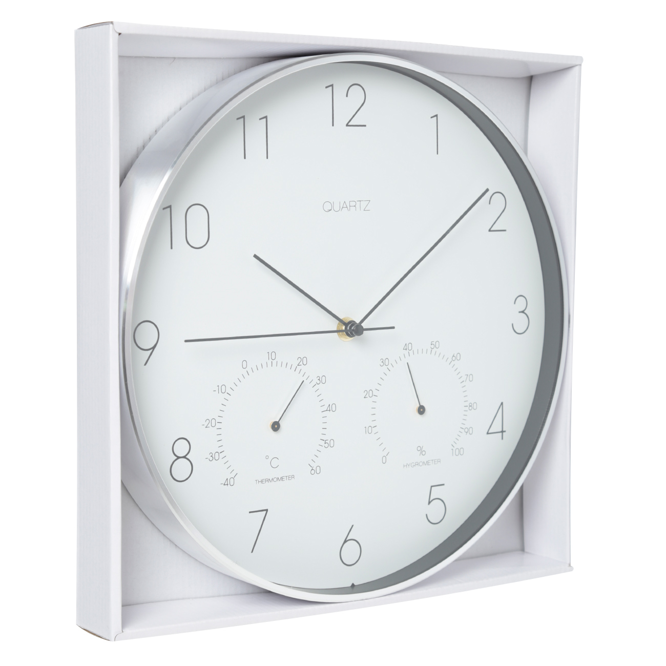 Wall clock, 31 cm, with thermometer and hygrometer, plastic / glass, round, white, Dial
