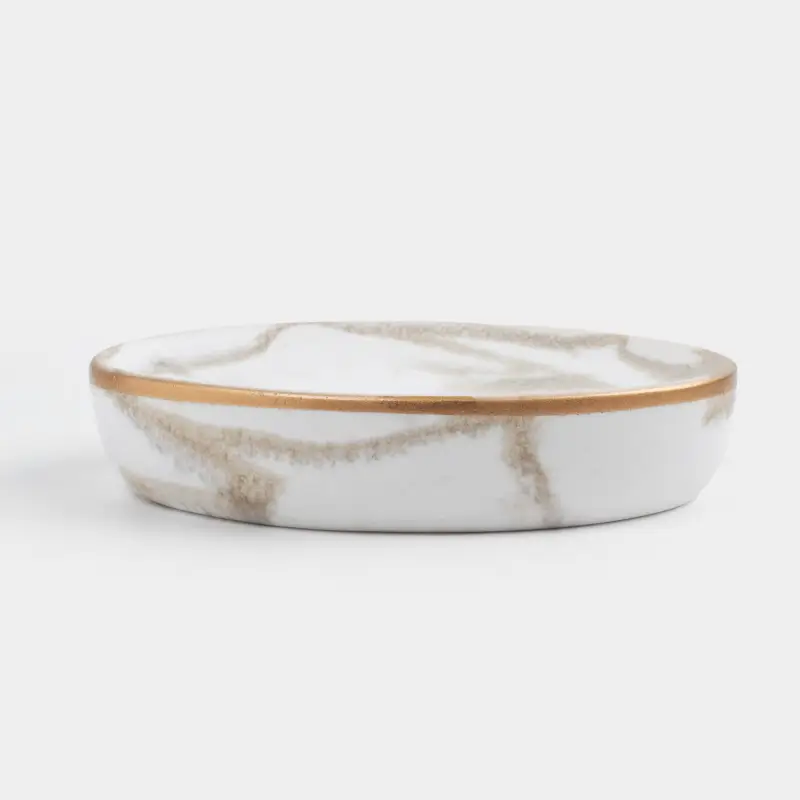Soap dish, 12x9 cm, polyresin, oval, white-gold, Marble, Dryad ,image-0