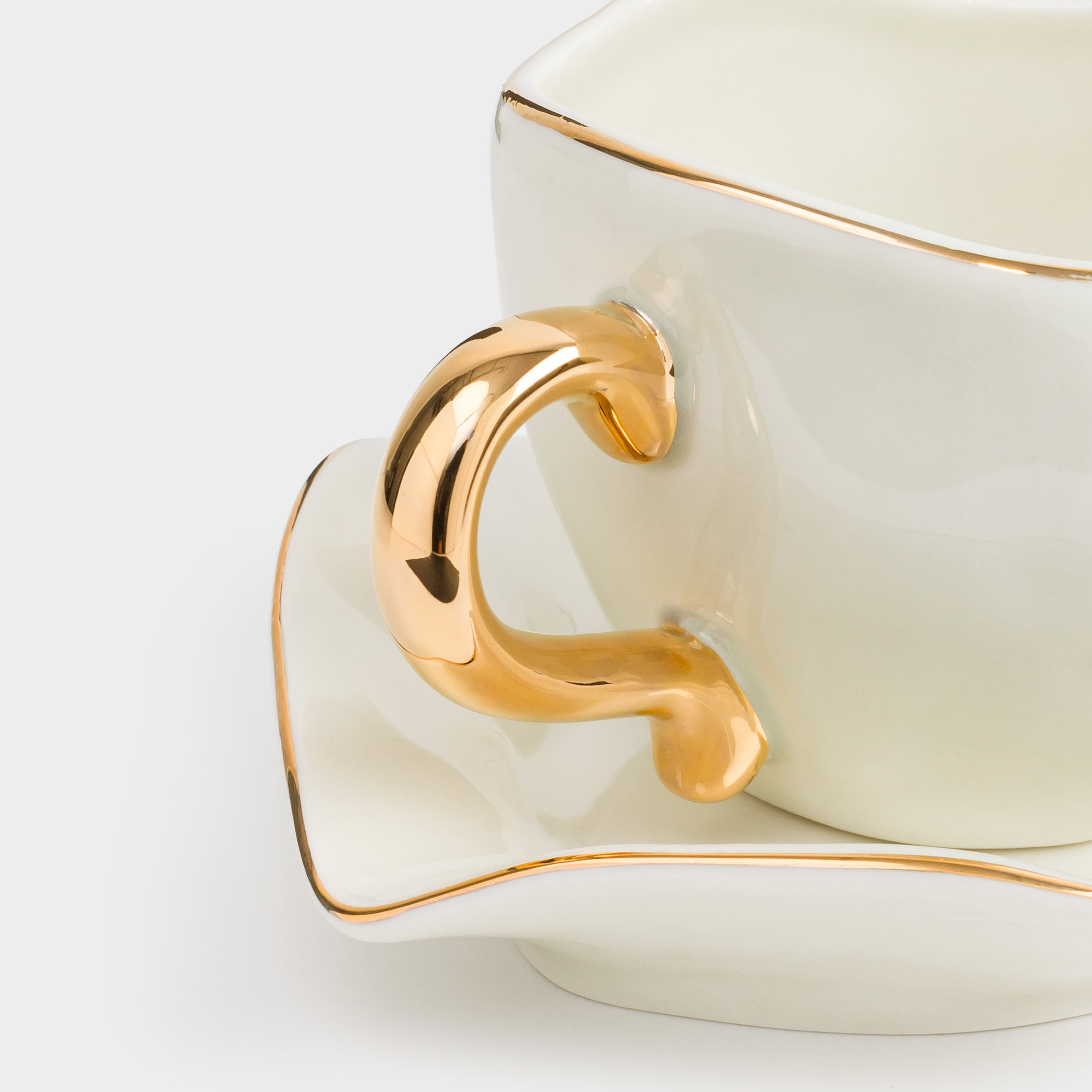 Tea pair, 1 person, 2 items, 280 ml, porcelain P, with golden edging, Wavy edge, Wavy gold, image-6