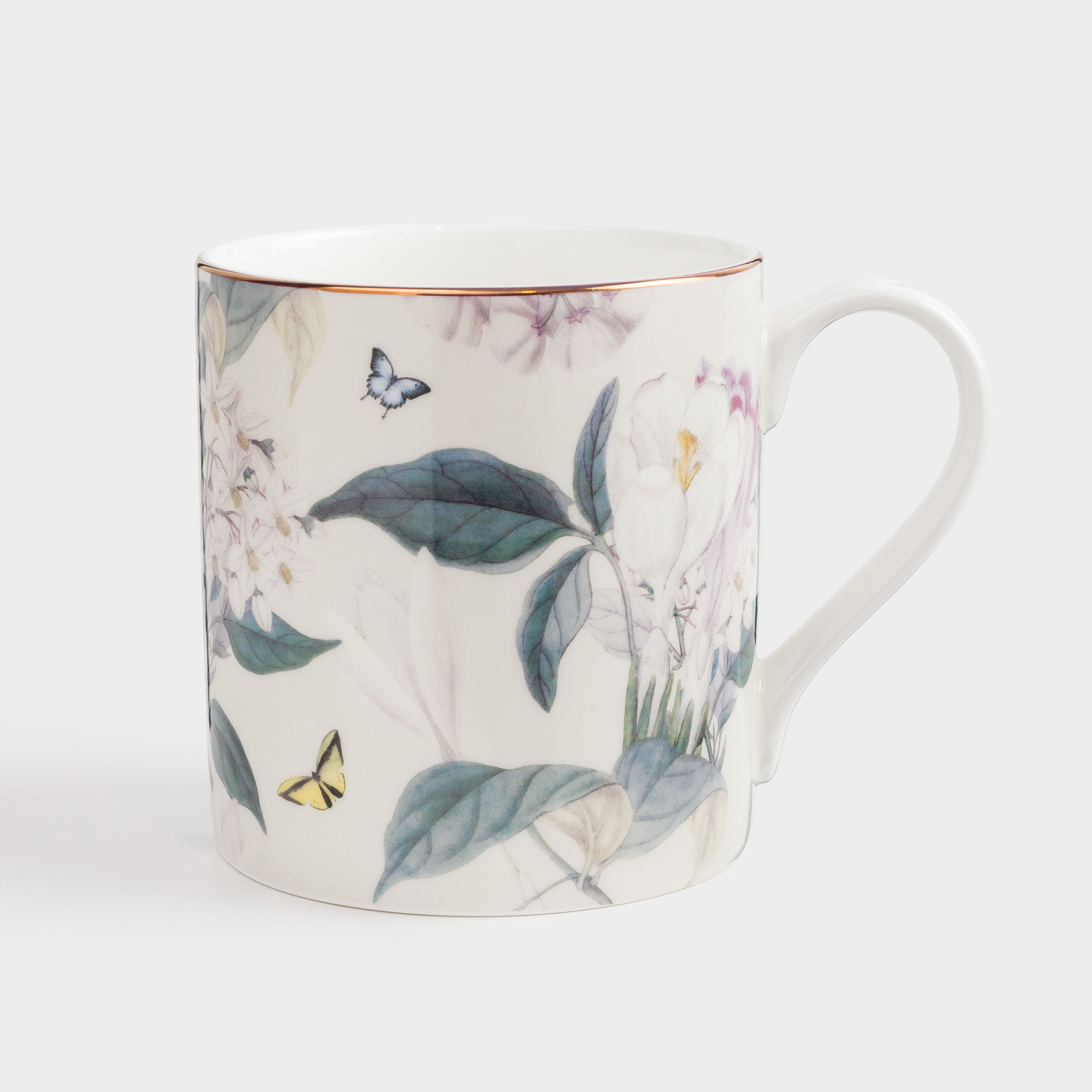Mug, 380 ml, porcelain F, beige, with golden edging, Flowers and butterfly, Bloome, image-0
