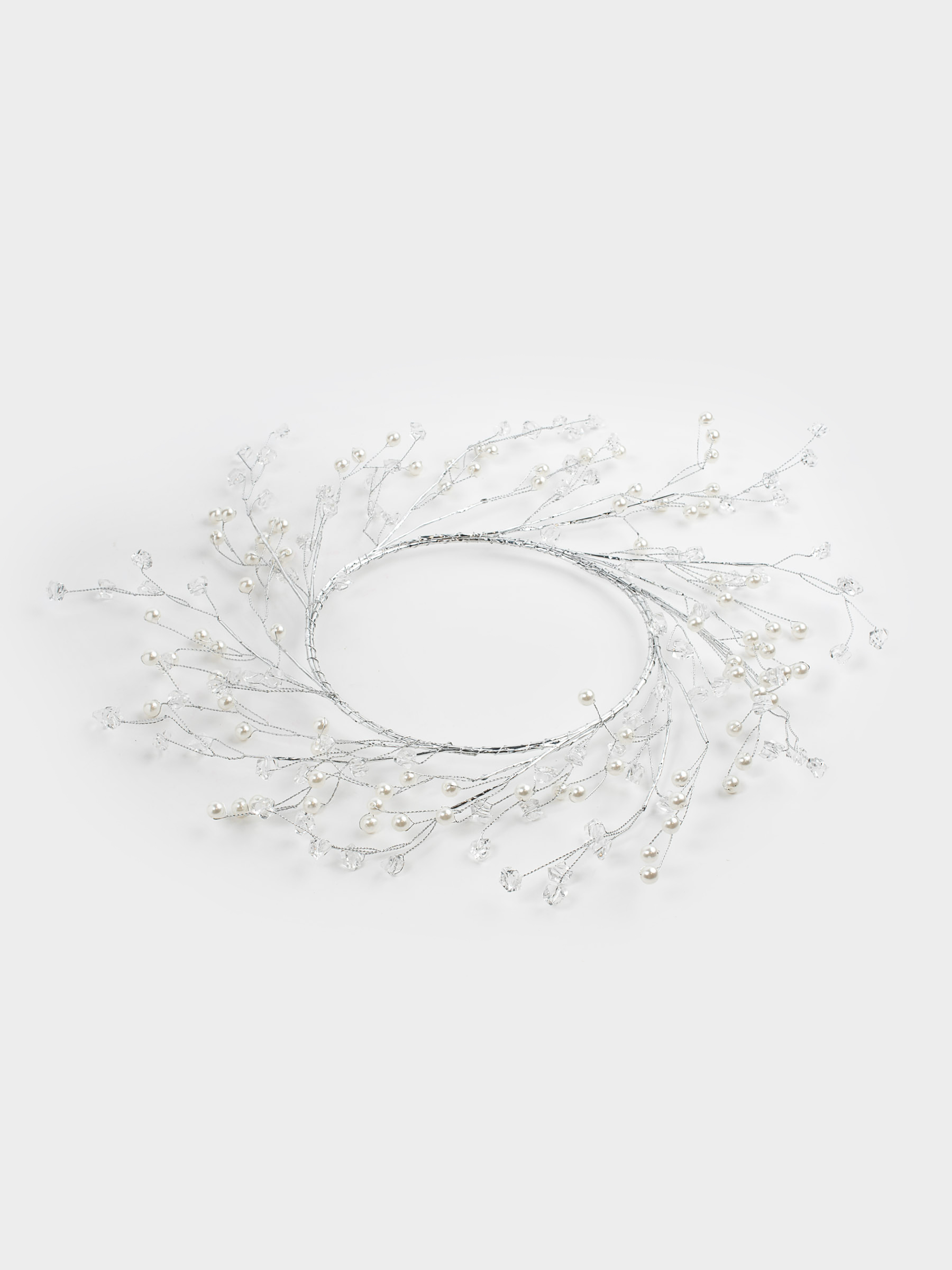 Decorative wreath, 15/30 cm, plastic / metal, Silver crystals with beads, Balls decor, image-1