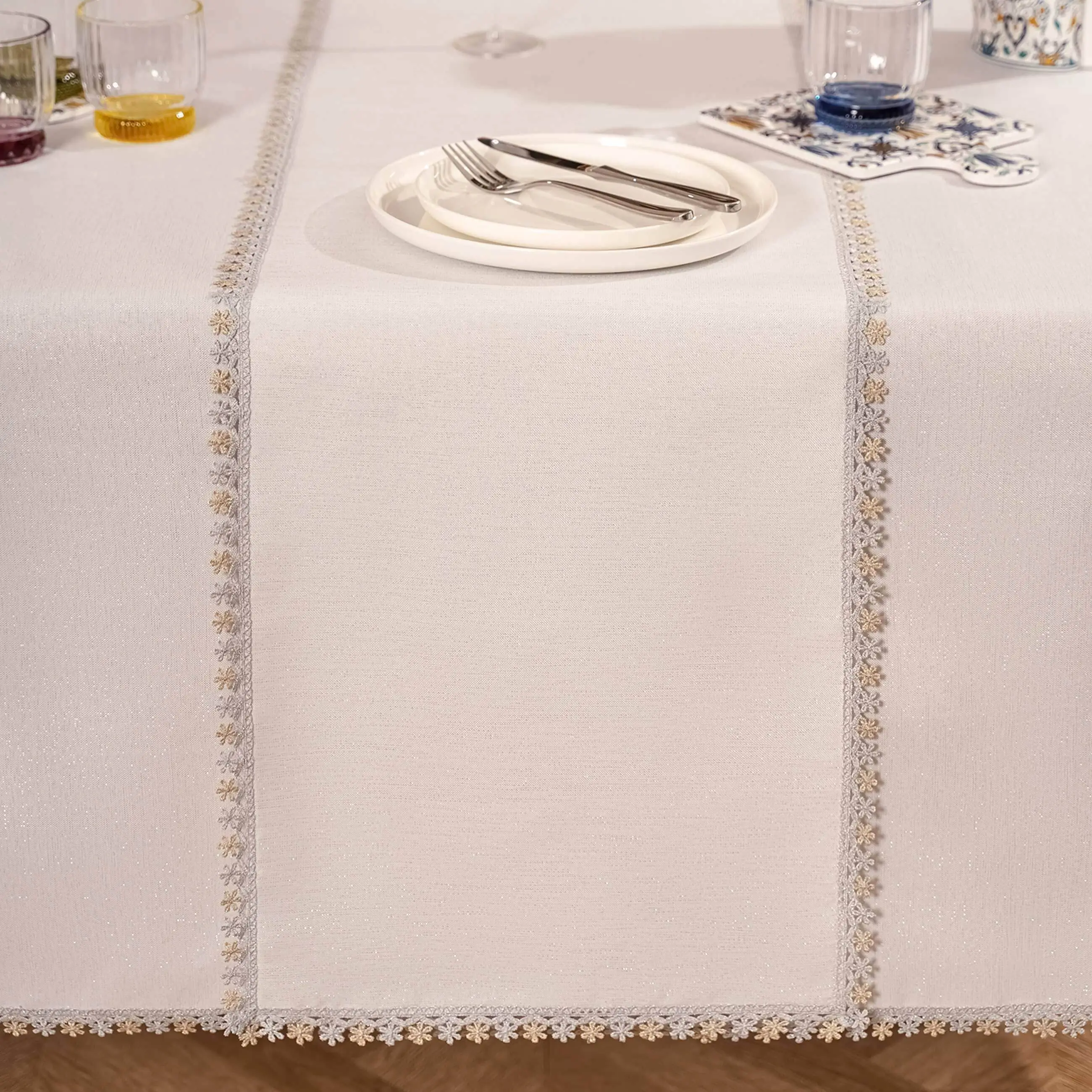 Table runner, 40x160 cm, polyester, white, Floral lace, Flower lace