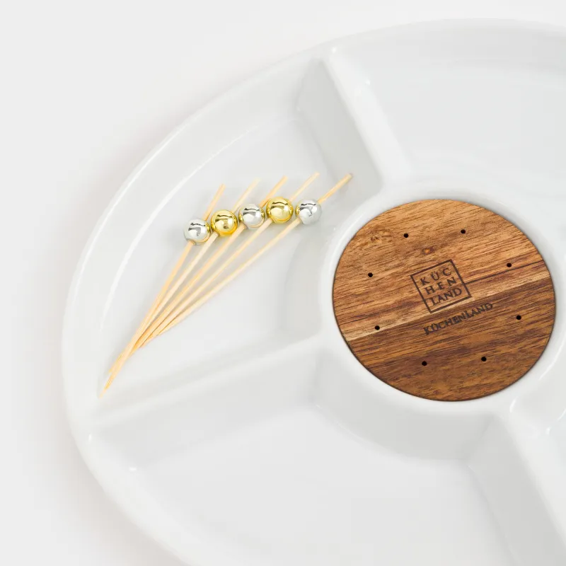 Divided plate, 27x22 cm, 4 compartments, with skewers, porcelain / bamboo, white, Light kitchen, image-5