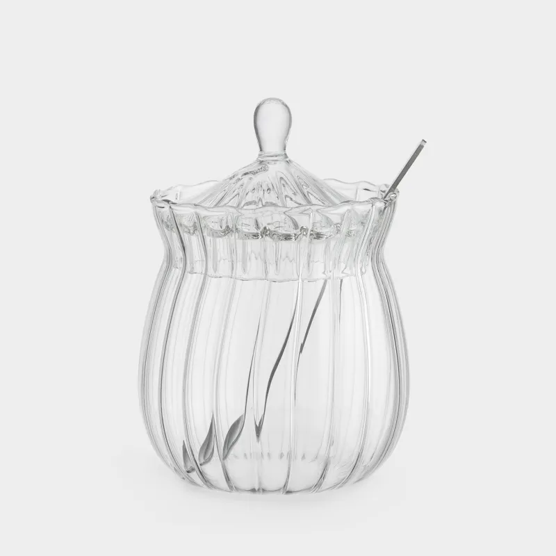 Sugar bowl, 12 cm, 350 ml, with spoon, glass R / steel, Camellia