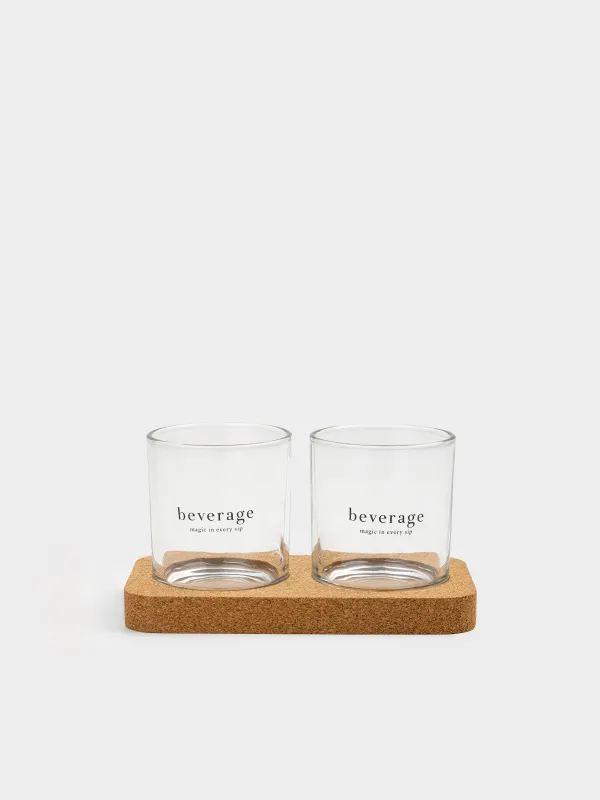 Glass, 13 cm, 300 ml, 2 pcs, on a stand, glass / cork, Beverage, Clear cork, image-0