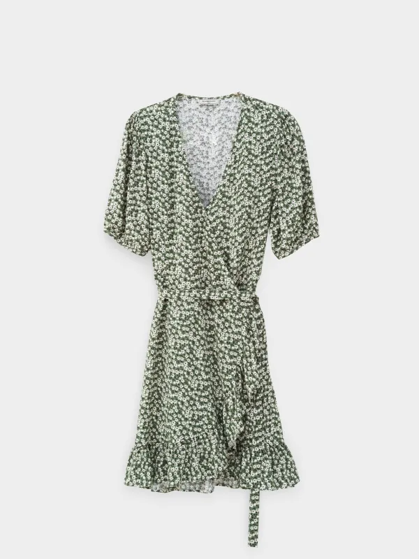 Women's wrap dress, mini, size S, with short sleeves, viscose, blue, Flowers, Marcia, image-9