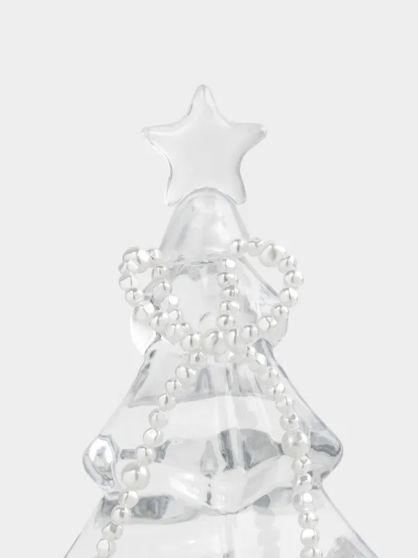 Snow lantern, 21 cm, illuminated, plastic, silver, Christmas tree with bow, Silver style, image-1