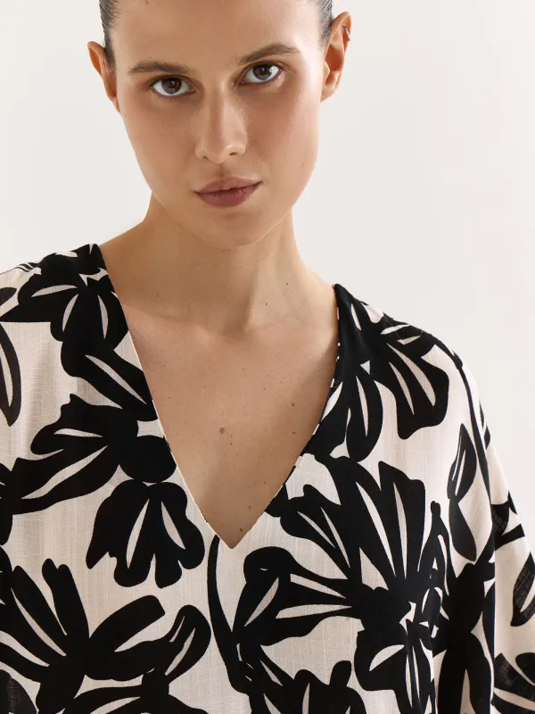 Women's dress, maxi, size S, with short sleeves, viscose, beige-black, Flowers, Almi, image-6