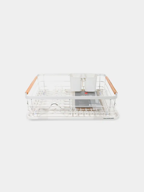 Dish rack, 43x31 cm, with tray, metal / wood / plastic, White style, image-0